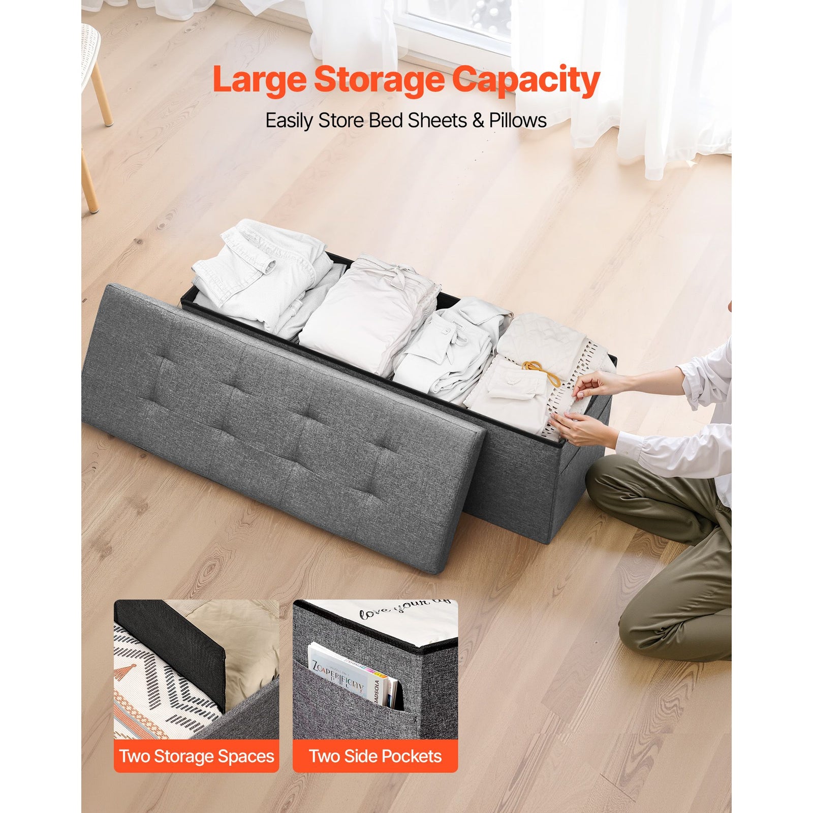 Foldable Storage Ottoman Bench Linen End Bed Seat with 660lbs Capacity