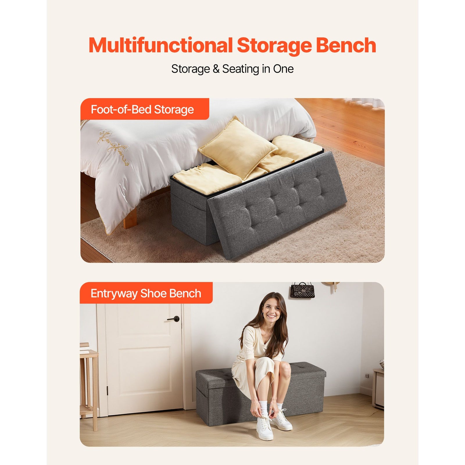 Foldable Storage Ottoman Bench Linen End Bed Seat with 660lbs Capacity