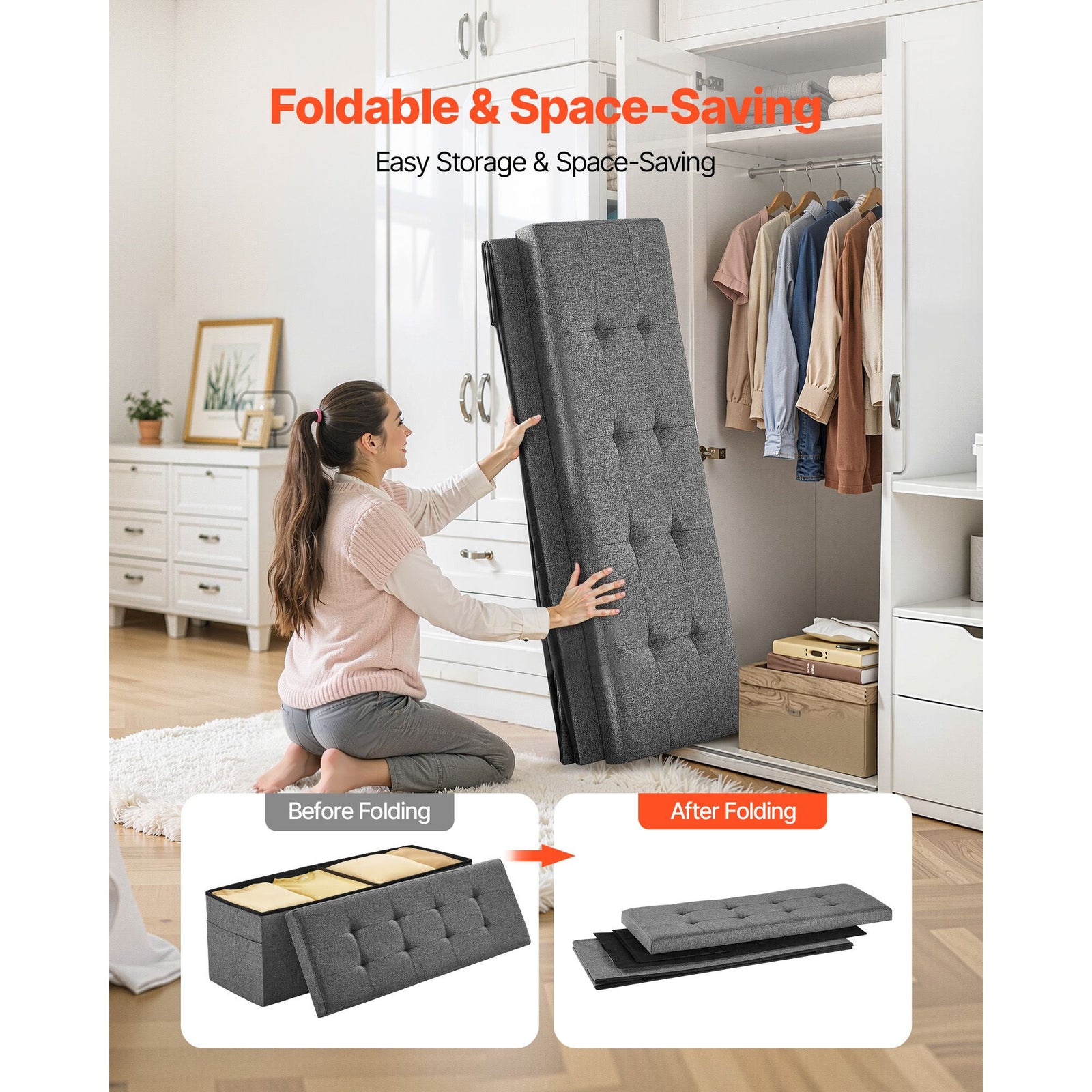 Foldable Storage Ottoman Bench Linen End Bed Seat with 660lbs Capacity