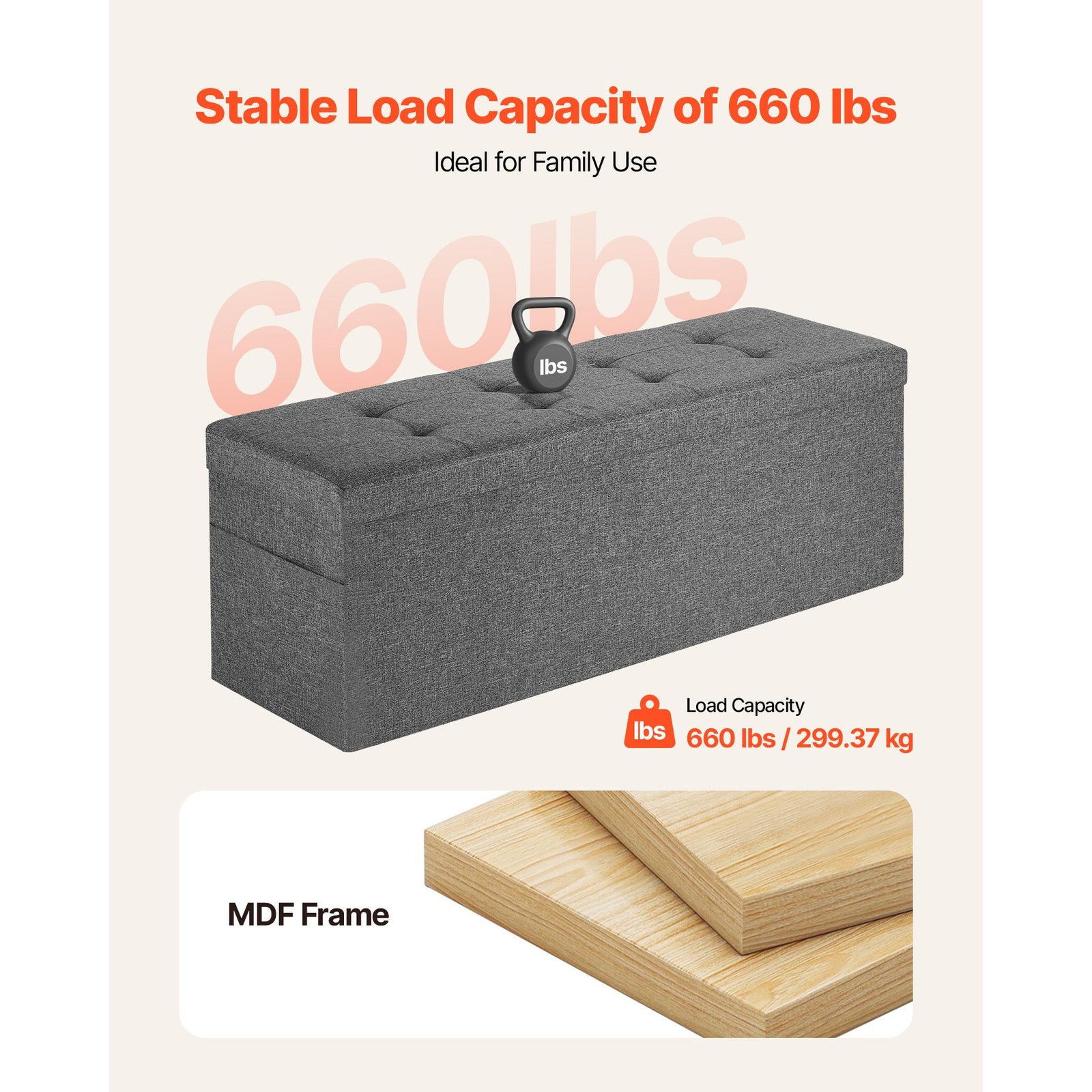 Foldable Storage Ottoman Bench Linen End Bed Seat with 660lbs Capacity