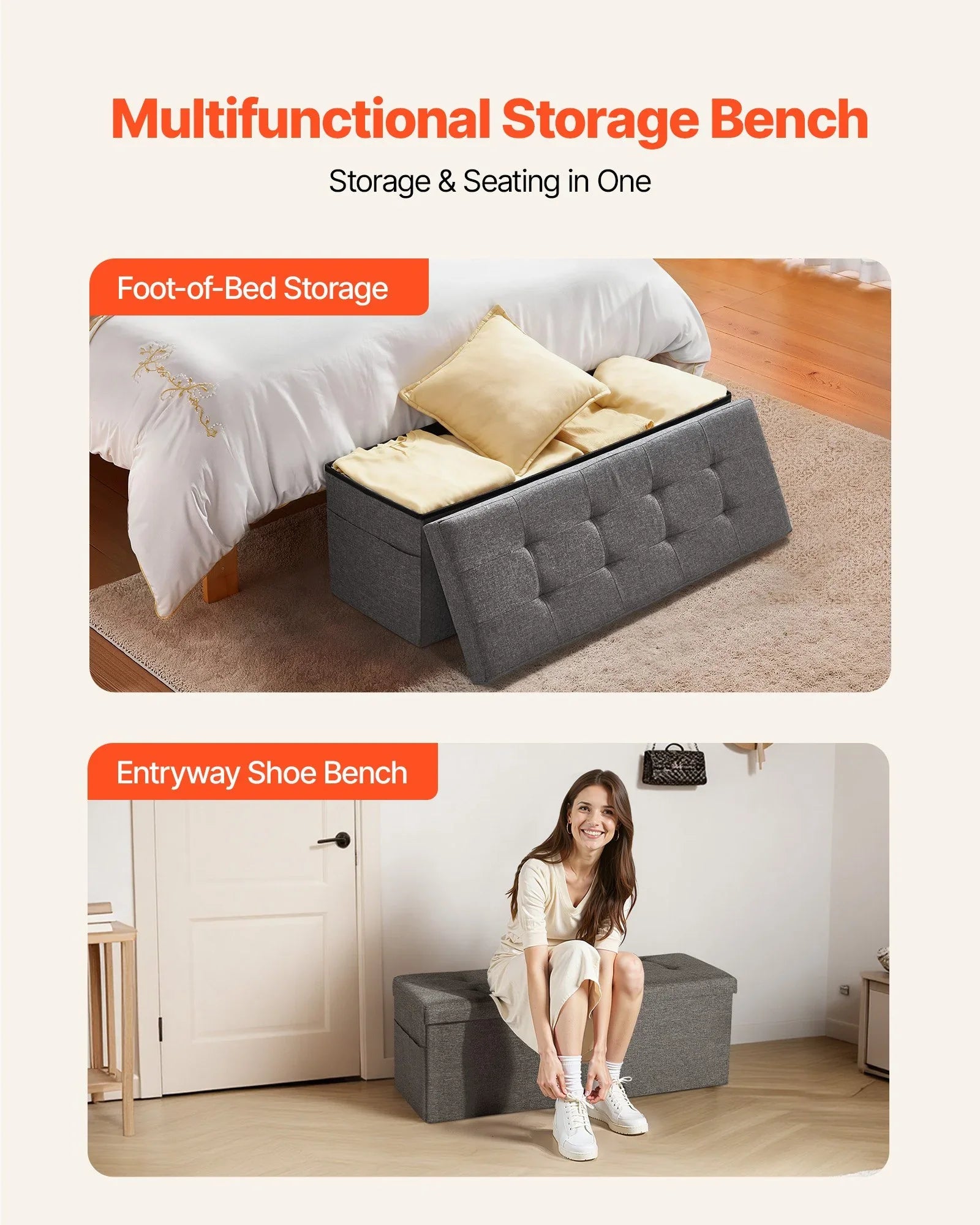 Foldable Storage Ottoman Bench, End of Bed Bench with Side Bags, Folding Upholstered Storage Chest Supports 660 lbs, Linen Bed Ottoman with Large Space for Living Room, Bedroom, Entryway, Grey