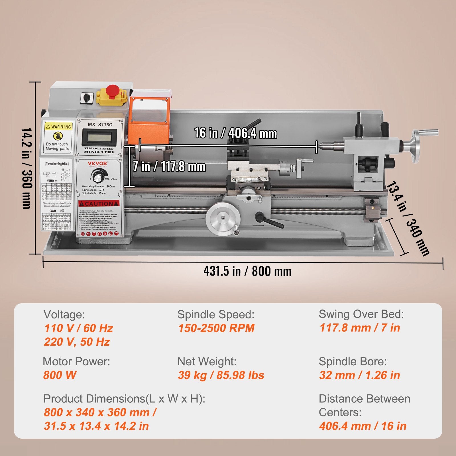 Mini Metal Lathe Machine, 180 x 400 mm, 800W Precision Benchtop Power Metal Lathe, 150-2500 RPM Continuously Variable Speed, with 3-jaw Metal Chuck Tool Box for Processing Precision Parts
