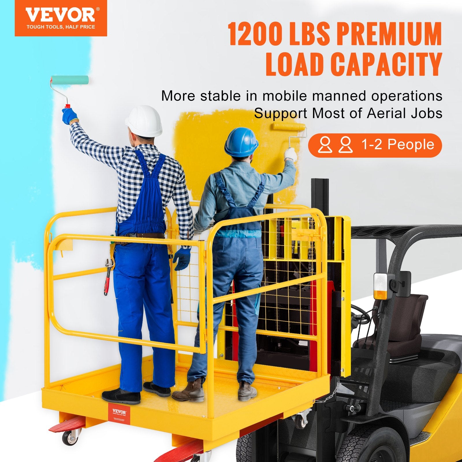 Forklift Safety Cage, 544 kg Load Capacity, 92 x 92 cm Folding Forklift Work Platform with Lockable Swivel Wheels, Drain Hole, and Device Chain, Holds 1 to 2 Adults, Perfect for Aerial Work
