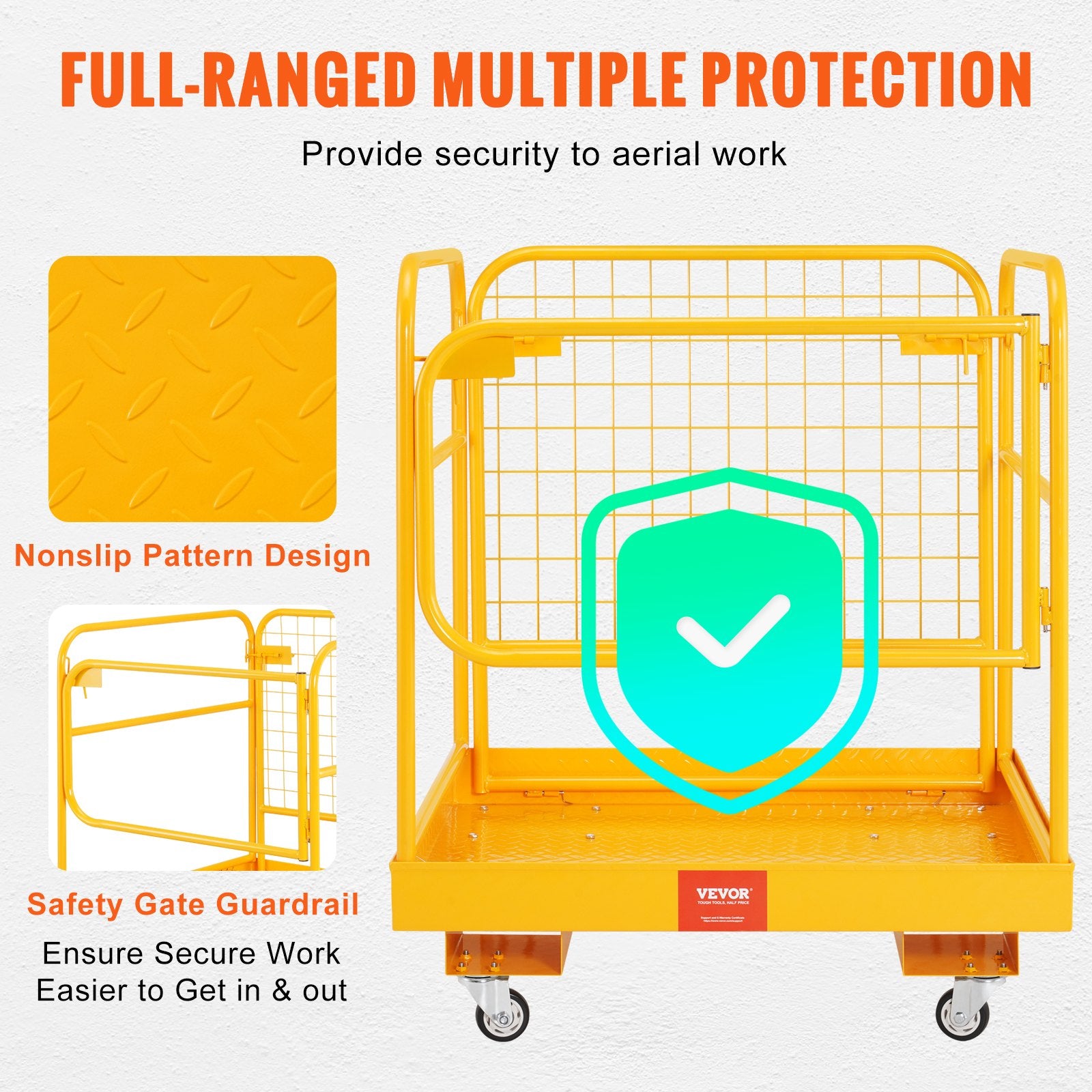 Forklift Safety Cage, 544 kg Load Capacity, 92 x 92 cm Folding Forklift Work Platform with Lockable Swivel Wheels, Drain Hole, and Device Chain, Holds 1 to 2 Adults, Perfect for Aerial Work