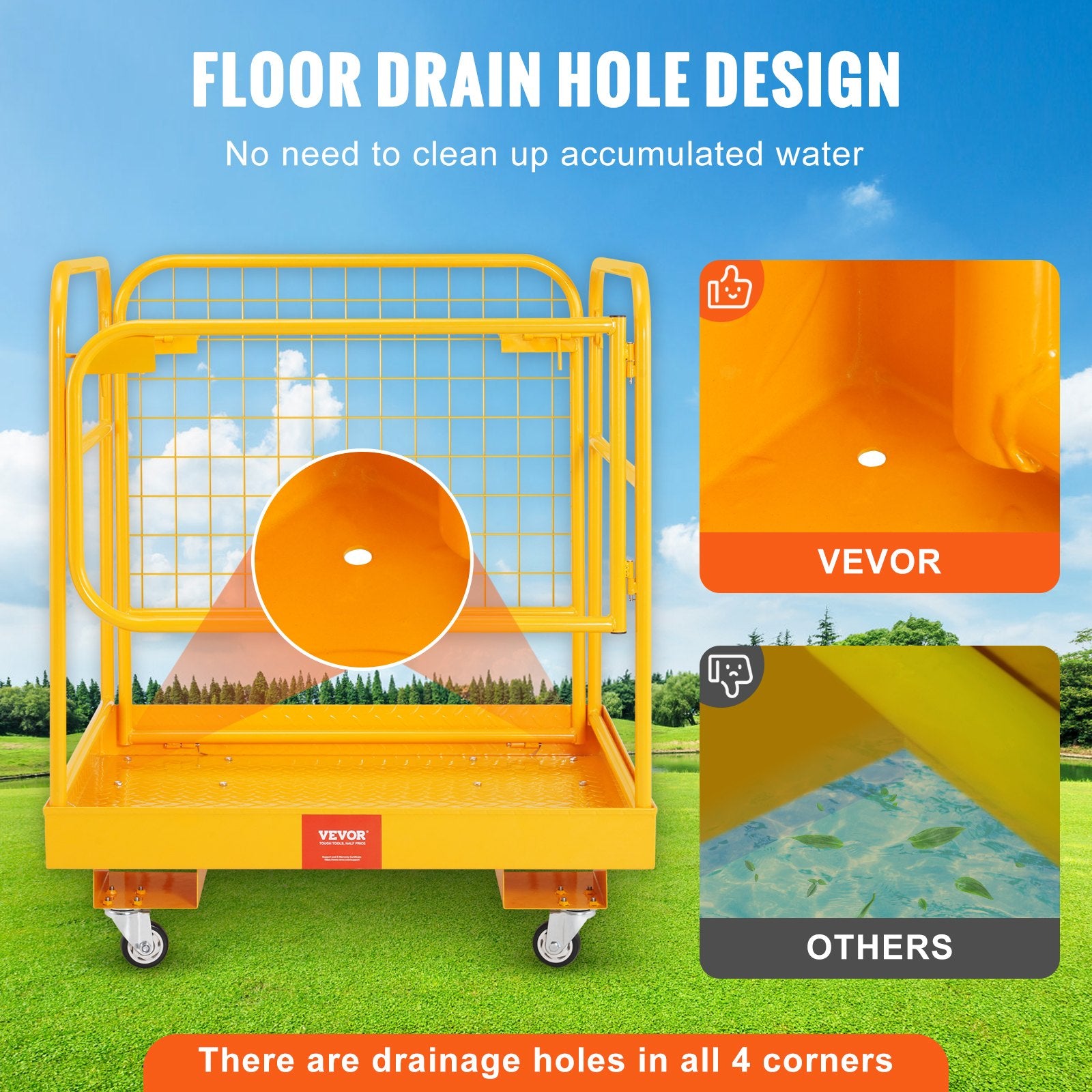 Forklift Safety Cage, 544 kg Load Capacity, 92 x 92 cm Folding Forklift Work Platform with Lockable Swivel Wheels, Drain Hole, and Device Chain, Holds 1 to 2 Adults, Perfect for Aerial Work