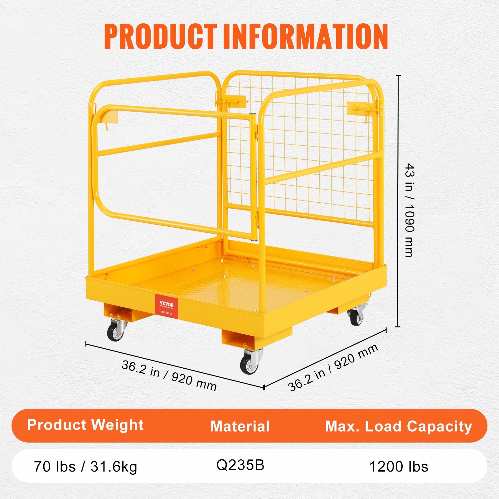 Forklift Safety Cage, 544 kg Load Capacity, 92 x 92 cm Folding Forklift Work Platform with Lockable Swivel Wheels, Drain Hole, and Device Chain, Holds 1 to 2 Adults, Perfect for Aerial Work