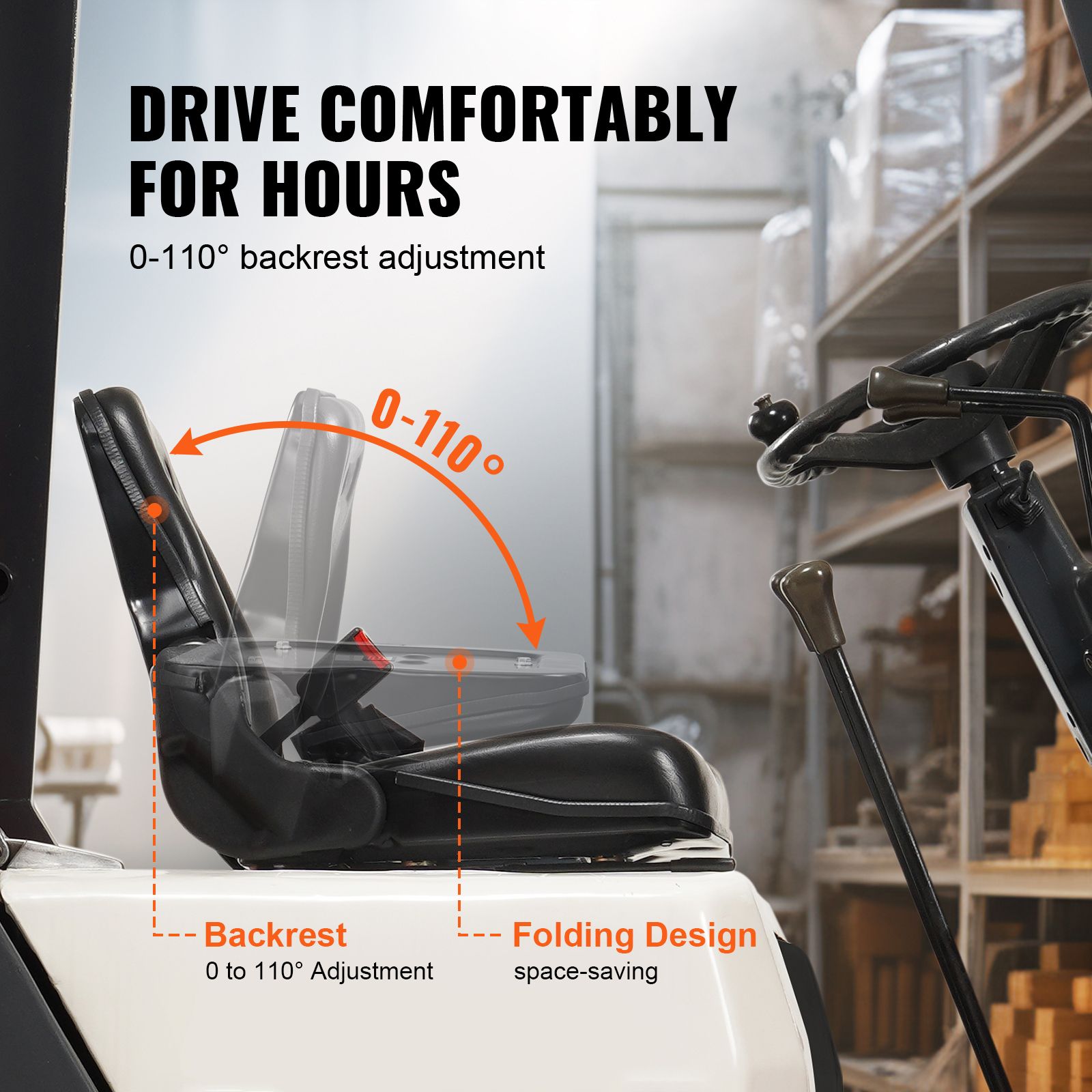 Universal Forklift Seat, Fold Down Tractor Seat with Adjustable Angle Back, Micro Switch and Retractable Seatbelt, 16-34 cm Slot Forklift Seat for Tractor Loader Excavator