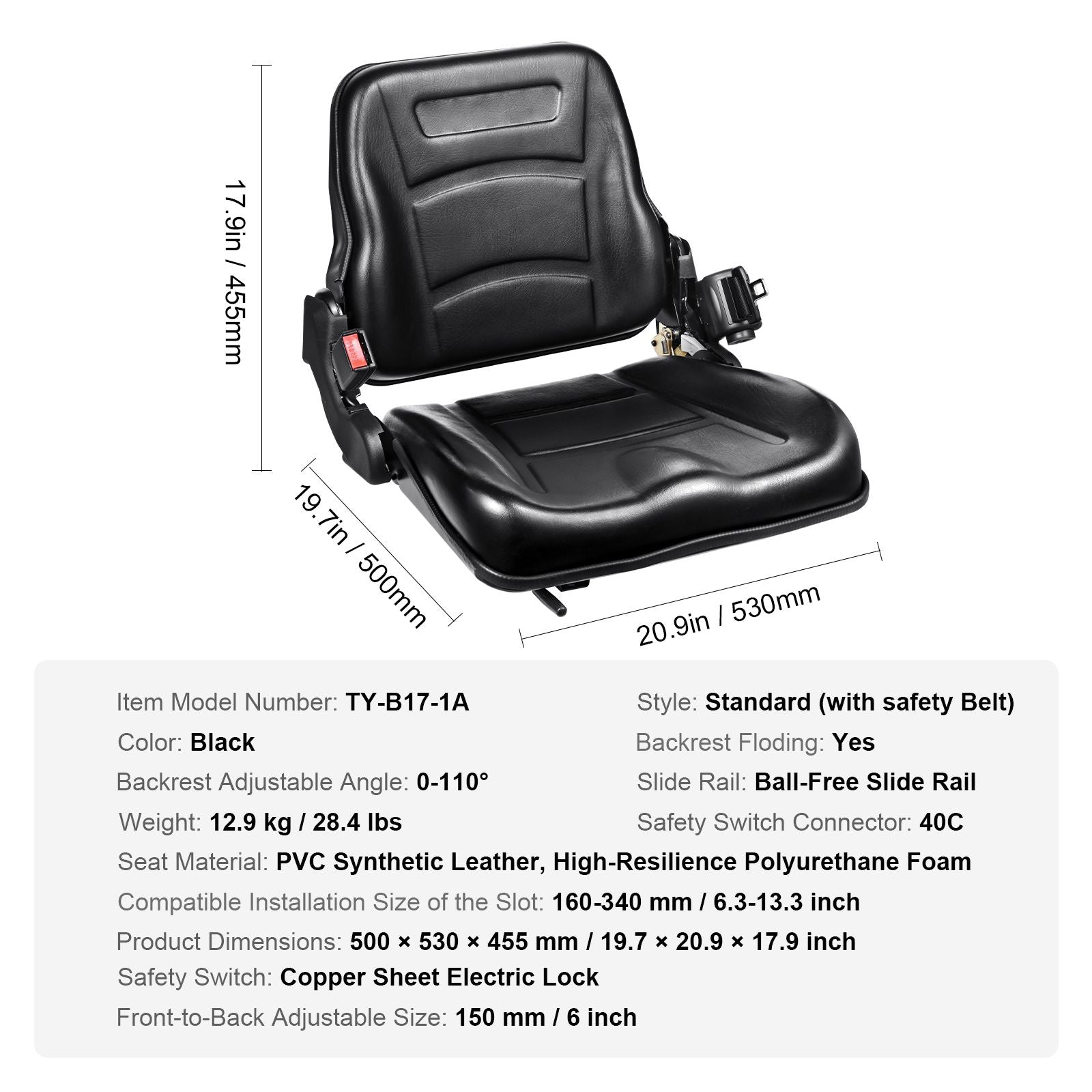 Universal Forklift Seat, Fold Down Tractor Seat with Adjustable Angle Back, Micro Switch and Retractable Seatbelt, 16-34 cm Slot Forklift Seat for Tractor Loader Excavator