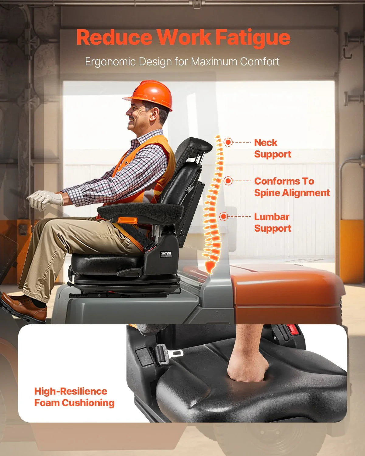 Universal Forklift Seat, Tractor Suspension Seat with Adjustable Back, Armrest, Headrest & Safety Belt, Secure Fold Down Tractor Seat with Micro Switch, Lawnmower Seat for Skid Loader Bulldozer
