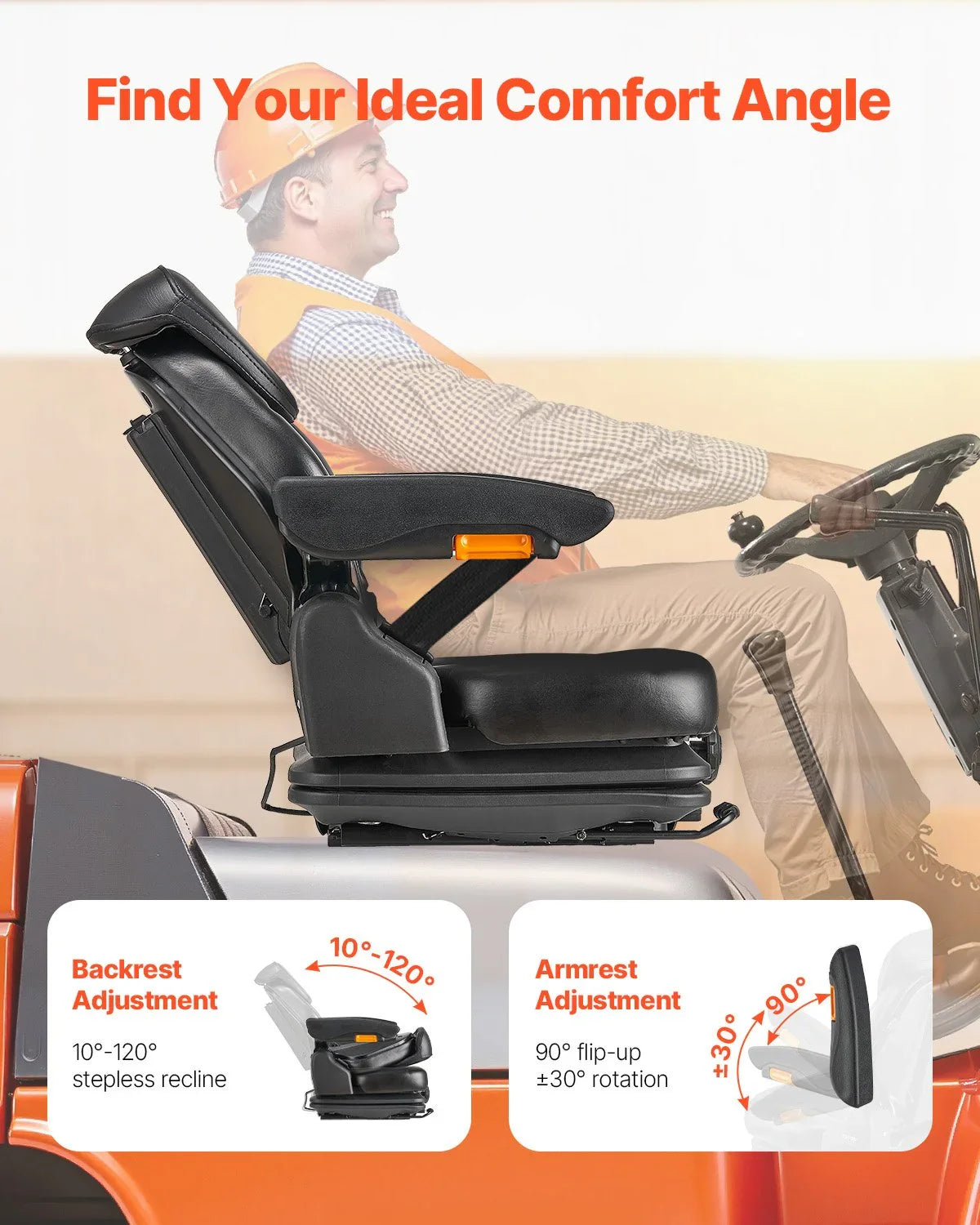 Universal Forklift Seat, Tractor Suspension Seat with Adjustable Back, Armrest, Headrest & Safety Belt, Secure Fold Down Tractor Seat with Micro Switch, Lawnmower Seat for Skid Loader Bulldozer