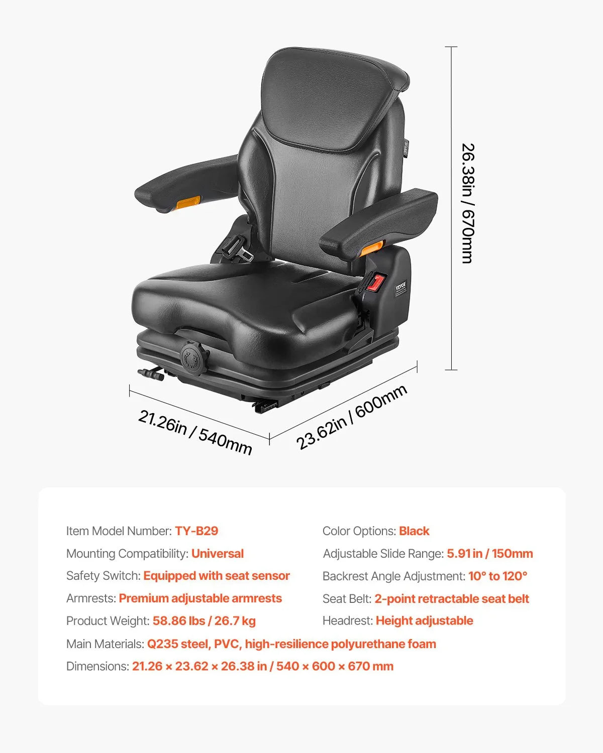 Universal Forklift Seat, Tractor Suspension Seat with Adjustable Back, Armrest, Headrest & Safety Belt, Secure Fold Down Tractor Seat with Micro Switch, Lawnmower Seat for Skid Loader Bulldozer