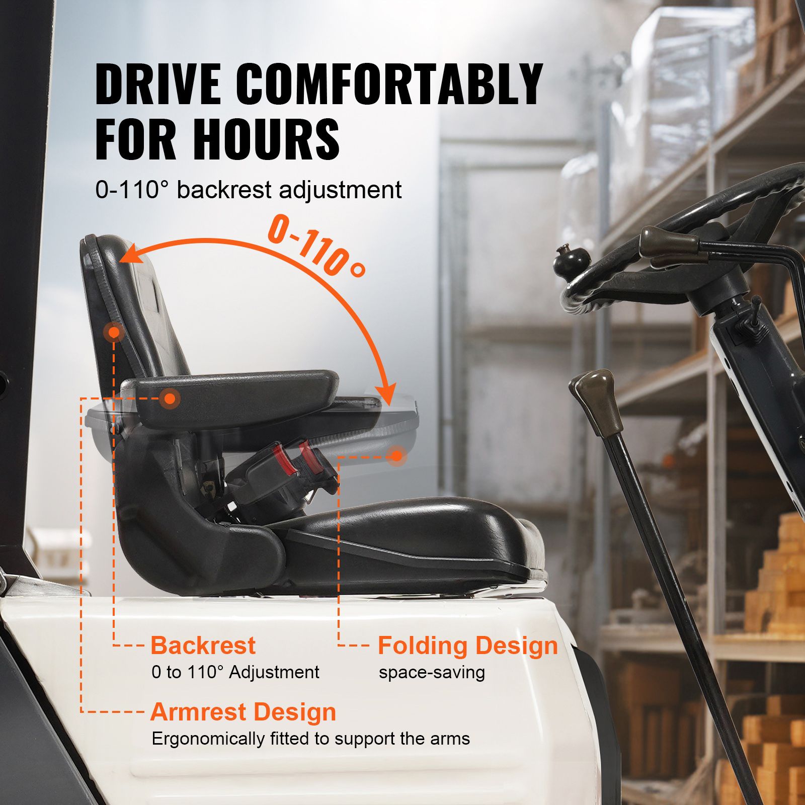 Universal Forklift Seat, Fold Down Tractor Seat with Adjustable Angle Back, Micro Switch, Seatbelt and Armrests, 16-34 cm Slot Tractor Seat for Tractor Loader Excavator