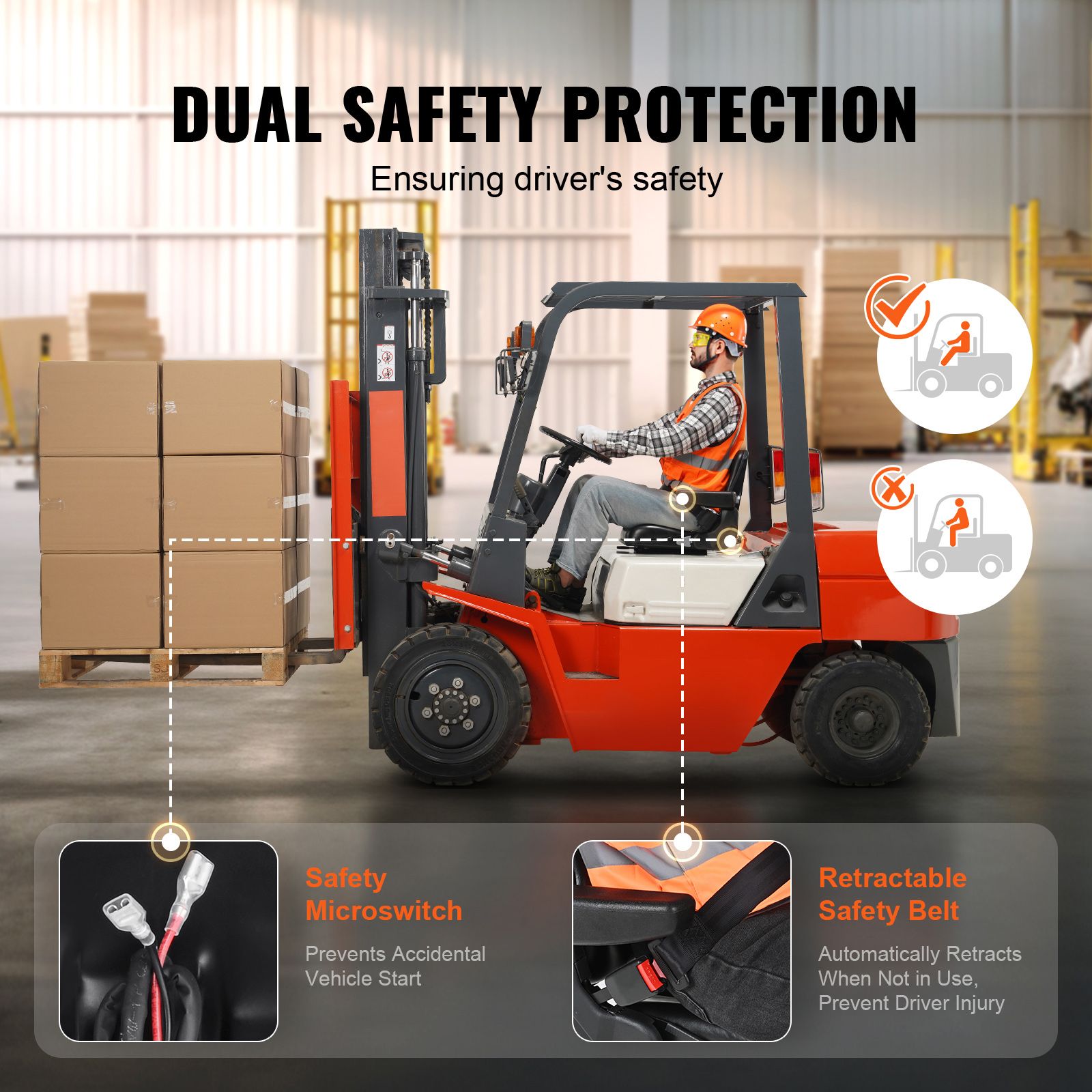 Universal Forklift Seat, Fold Down Tractor Seat with Adjustable Angle Back, Micro Switch, Seatbelt and Armrests, 16-34 cm Slot Tractor Seat for Tractor Loader Excavator