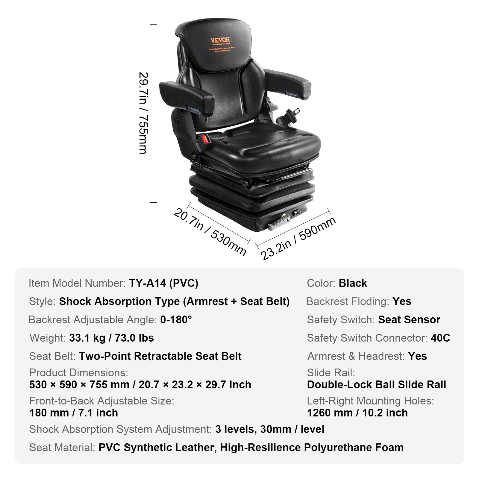 Universal Forklift Seat Adjustable Tractor Seat with Seatbelt Armrests