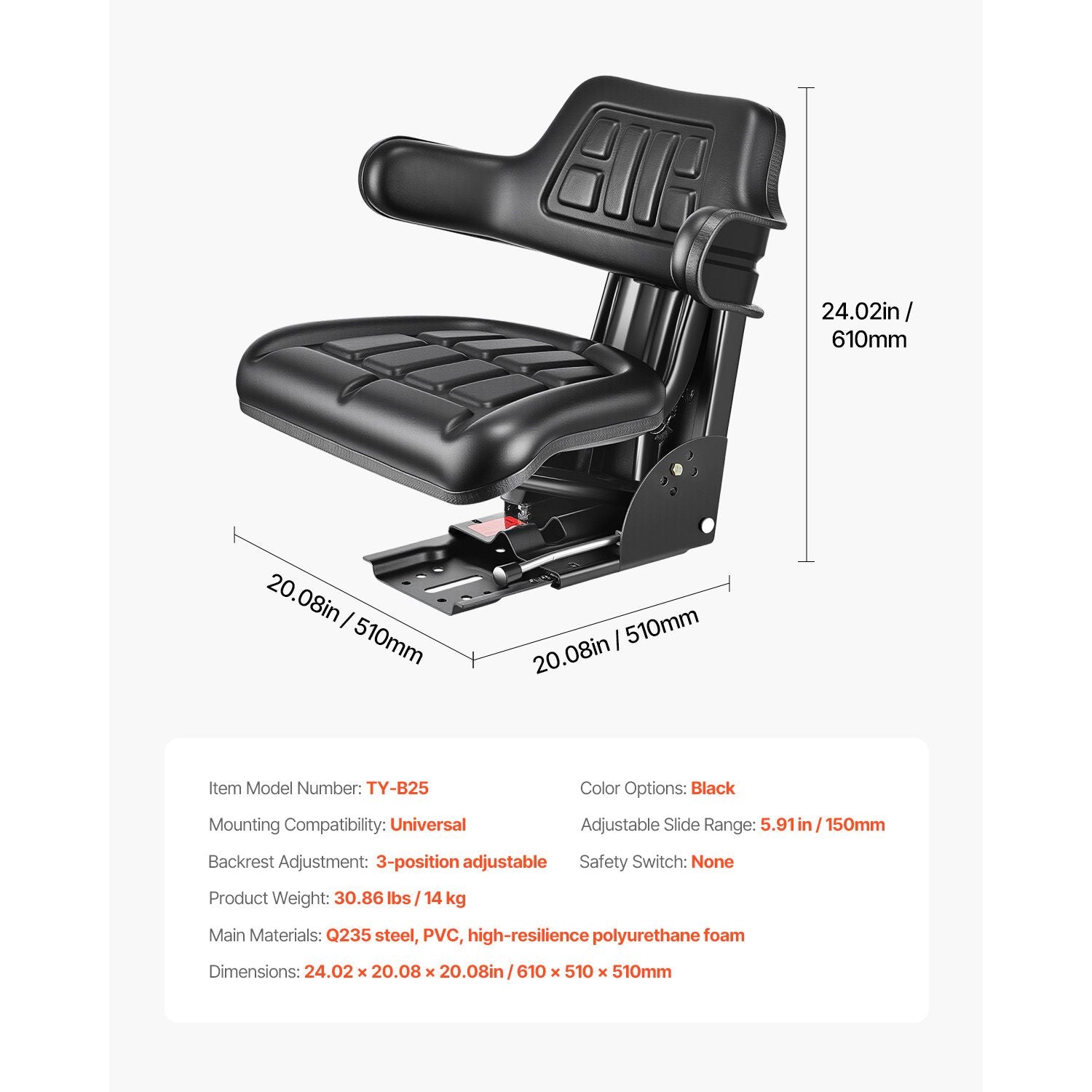 Universal Forklift Seat, Waterproof Tractor Suspension Seat with Adjustable Back, Secure Tractor Seat with Micro Switch, Widely Compatible Seat for Skid Loader Bulldozer