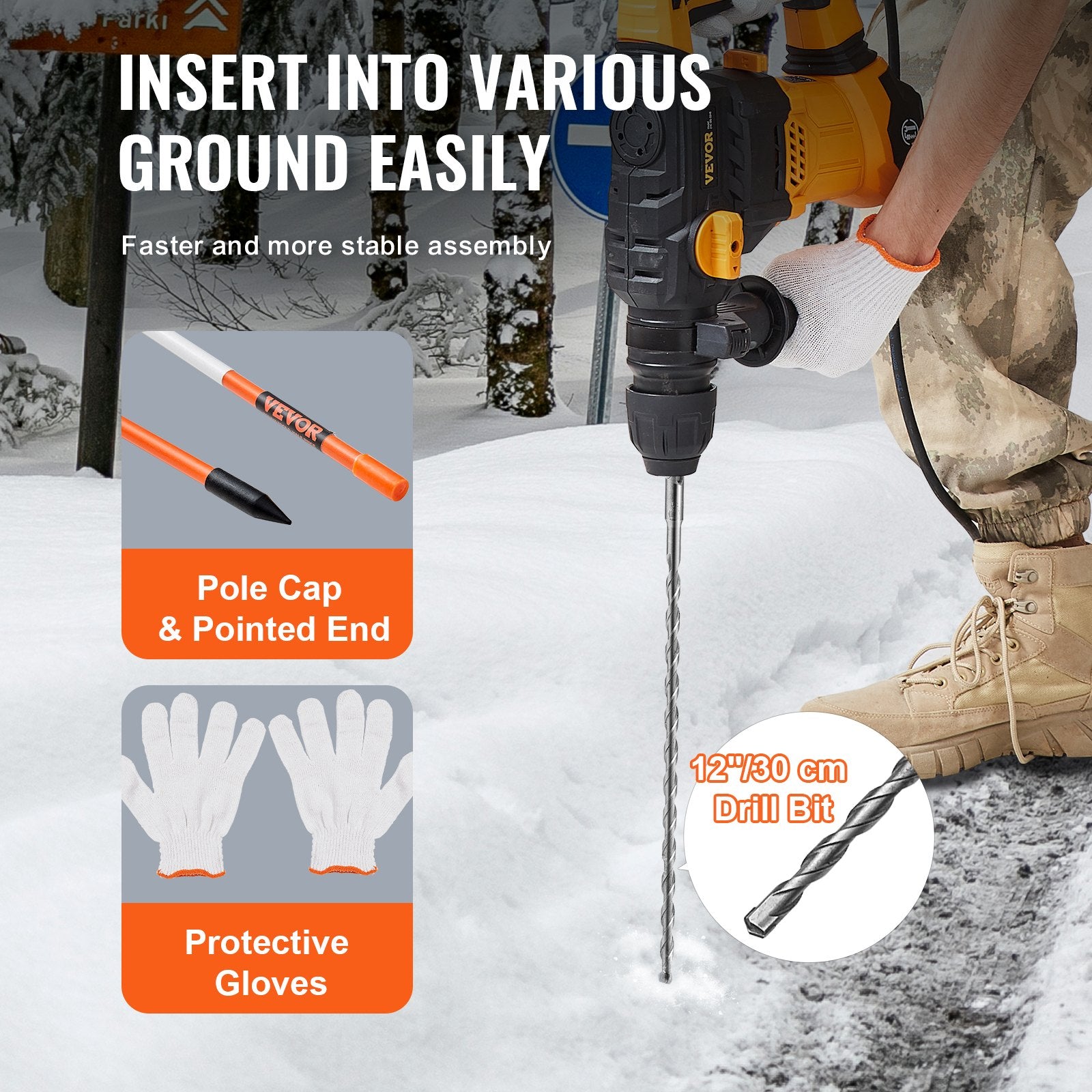 Driveway Markers, 100PCS 121.5cm, 0.78cm Diameter, Orange Fiberglass Poles Snow Stakes with Reflective Tape, 30cm Steel Drill Bit & Protection Gloves for Parking Lots, Walkways Easy Visibility