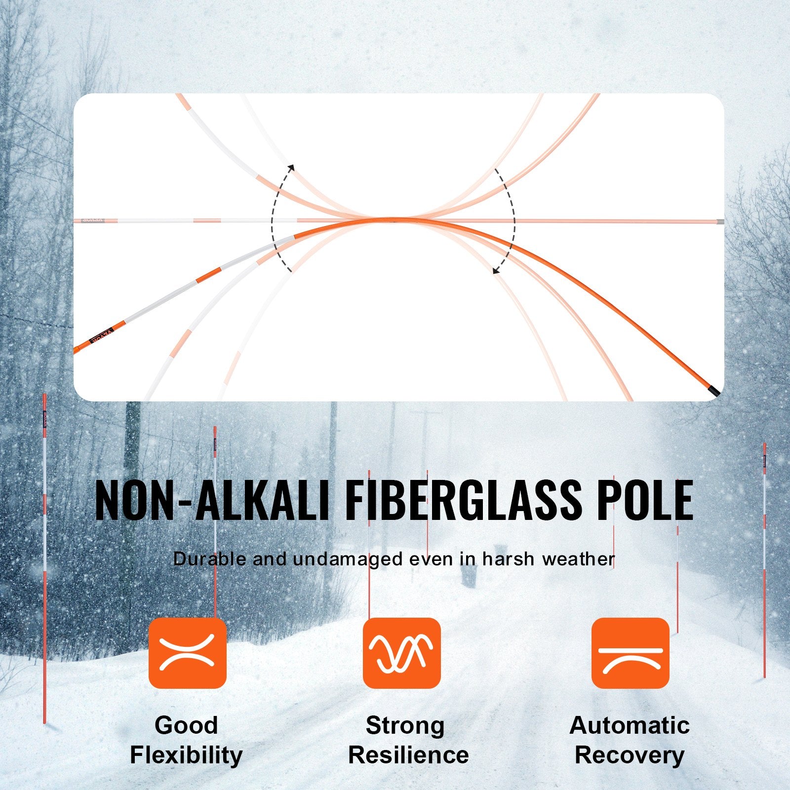 Driveway Markers, 100PCS 121.5cm, 0.78cm Diameter, Orange Fiberglass Poles Snow Stakes with Reflective Tape, 30cm Steel Drill Bit & Protection Gloves for Parking Lots, Walkways Easy Visibility