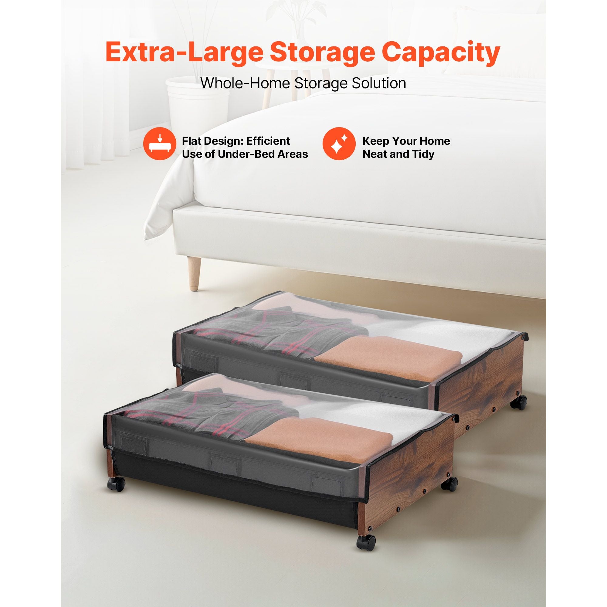 Under Bed Storage with Wheels, 650 x 460 x 180 mm Underbed Containers, Underbed Shoes Organizer with Lockable Wheels, Rolling Under the Bed Storage Bins for Clothes, Shoes, Blankets, 2 Pack