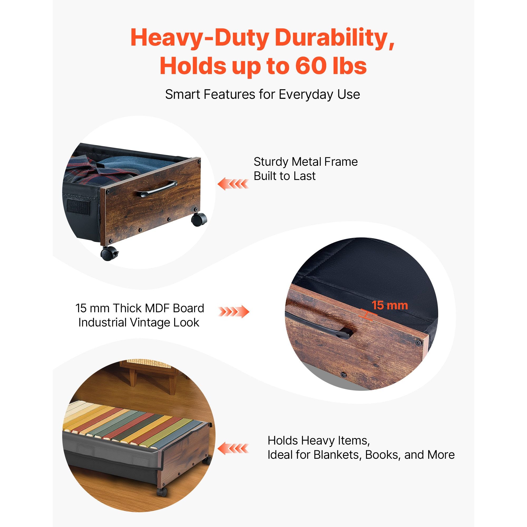 Under Bed Storage with Wheels, 650 x 460 x 180 mm Underbed Containers, Underbed Shoes Organizer with Lockable Wheels, Rolling Under the Bed Storage Bins for Clothes, Shoes, Blankets, 2 Pack