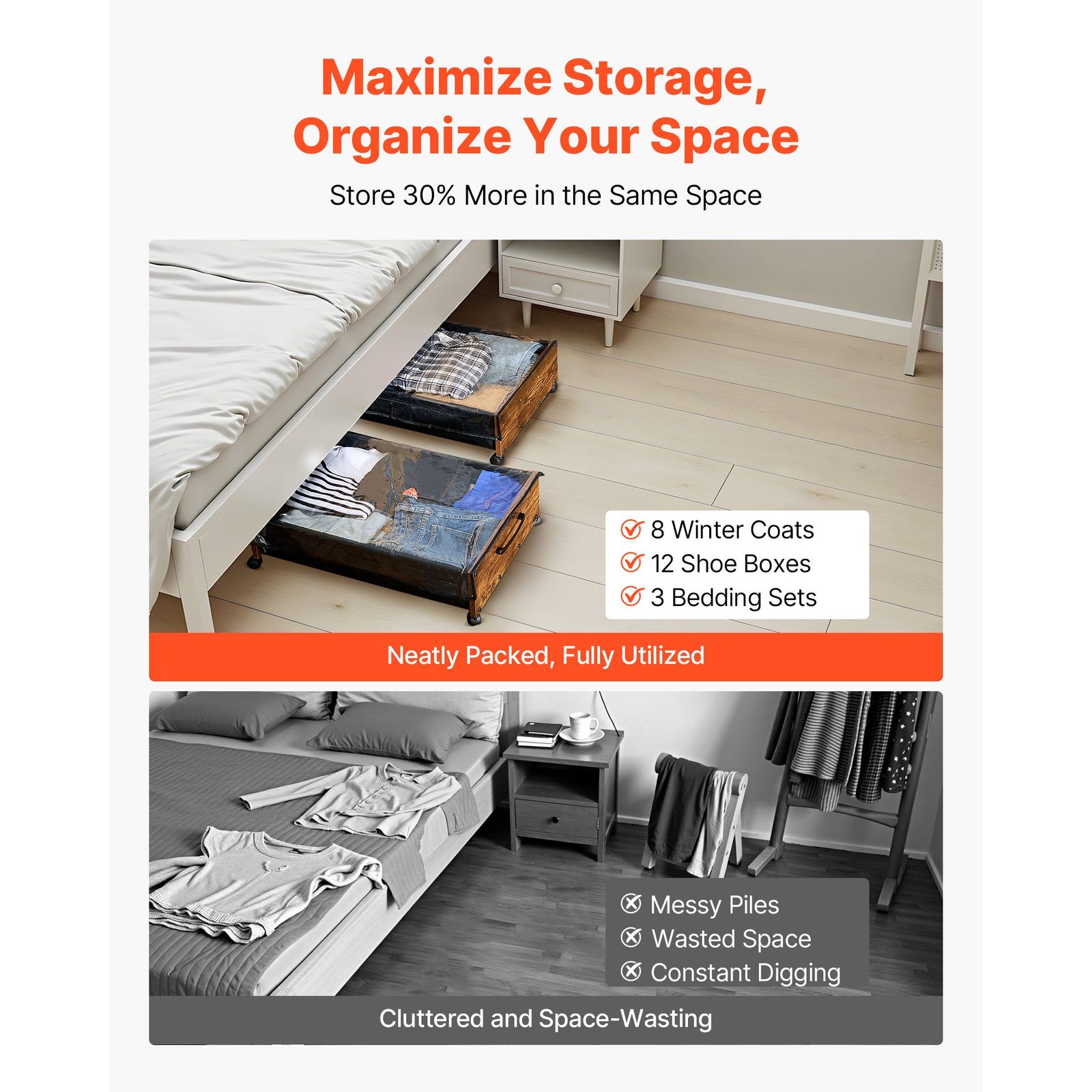 Under Bed Storage with Wheels, 650 x 460 x 180 mm Underbed Containers, Underbed Shoes Organizer with Lockable Wheels, Rolling Under the Bed Storage Bins for Clothes, Shoes, Blankets, 2 Pack