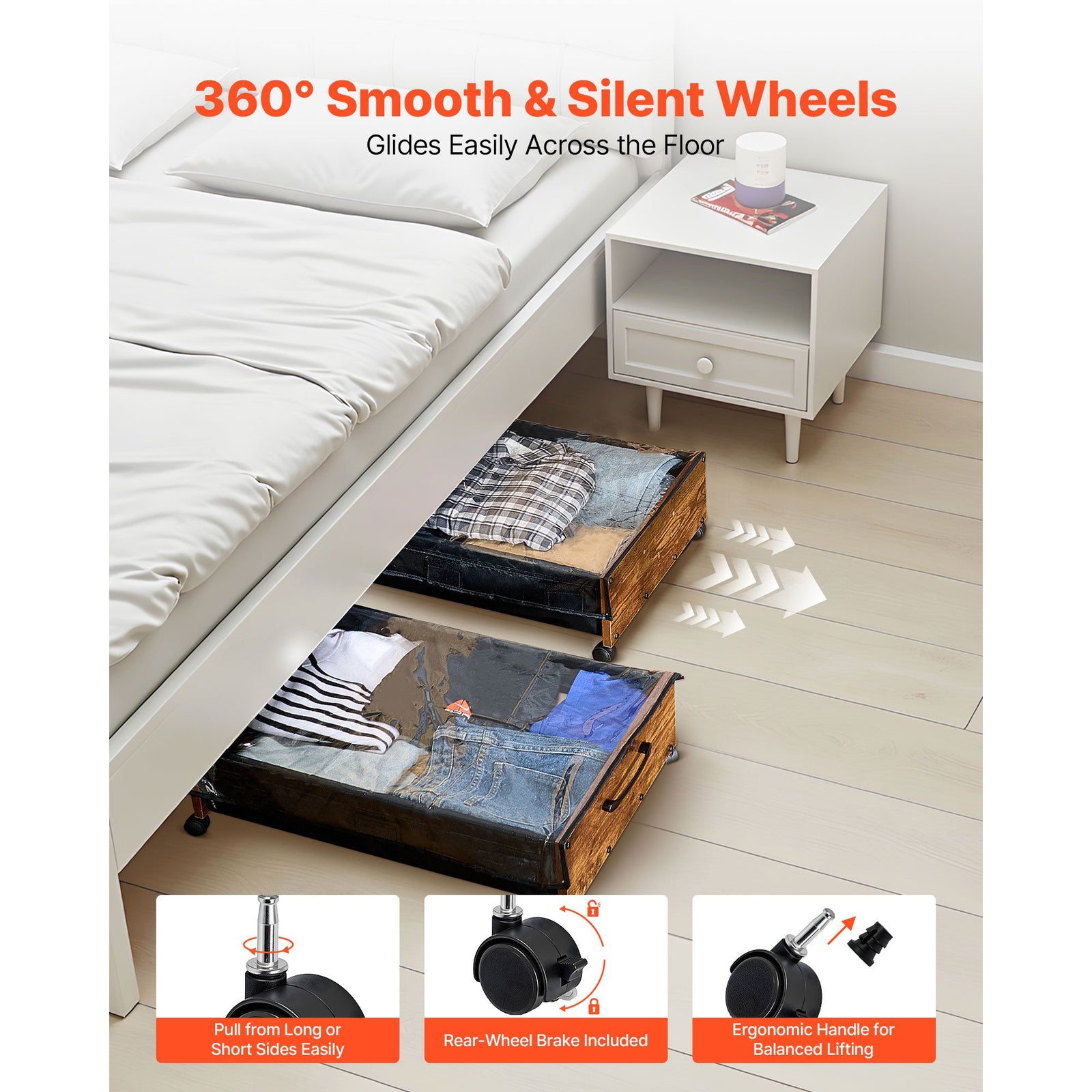 Under Bed Storage with Wheels, 650 x 460 x 180 mm Underbed Containers, Underbed Shoes Organizer with Lockable Wheels, Rolling Under the Bed Storage Bins for Clothes, Shoes, Blankets, 2 Pack