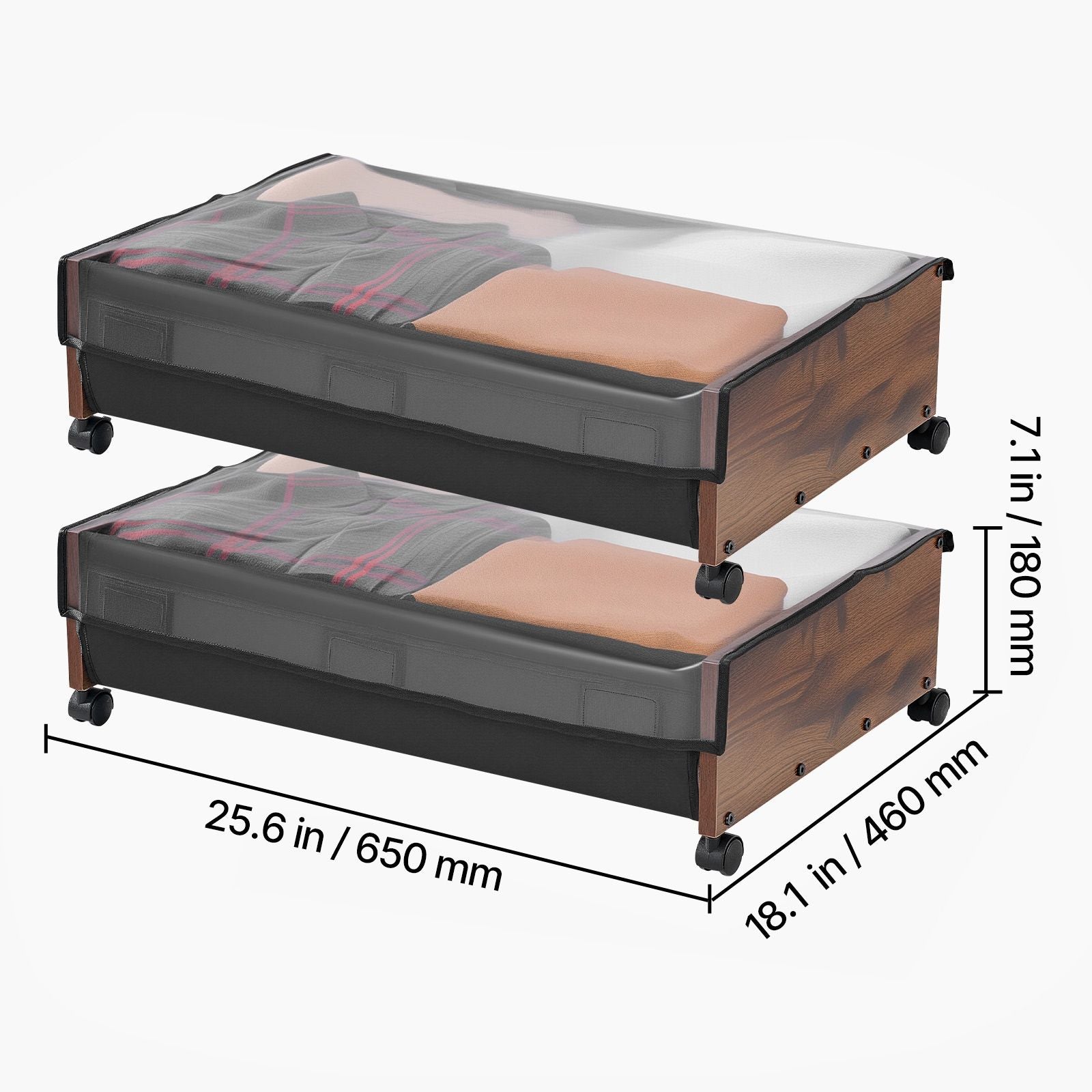 Under Bed Storage with Wheels, 650 x 460 x 180 mm Underbed Containers, Underbed Shoes Organizer with Lockable Wheels, Rolling Under the Bed Storage Bins for Clothes, Shoes, Blankets, 2 Pack