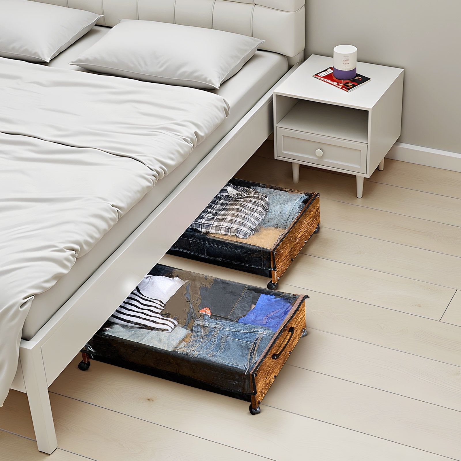 Under Bed Storage with Wheels, 650 x 460 x 180 mm Underbed Containers, Underbed Shoes Organizer with Lockable Wheels, Rolling Under the Bed Storage Bins for Clothes, Shoes, Blankets, 2 Pack