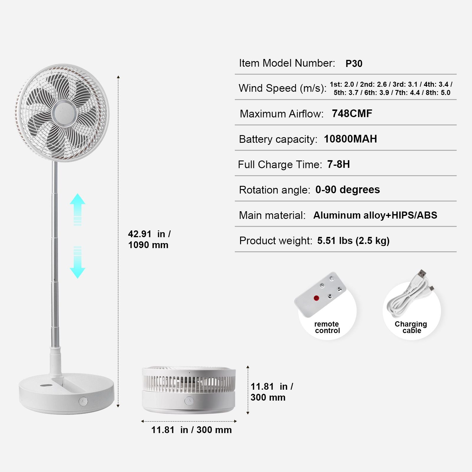 12 Inch Foldable Oscillating Standing Fan with Remote Control, 4 Speed Adjustable Portable Desk Quiet Fan, 7200mah Rechargeable USB Small Fan, Folded Rotating Floor Fan for Bedroom Office Travel