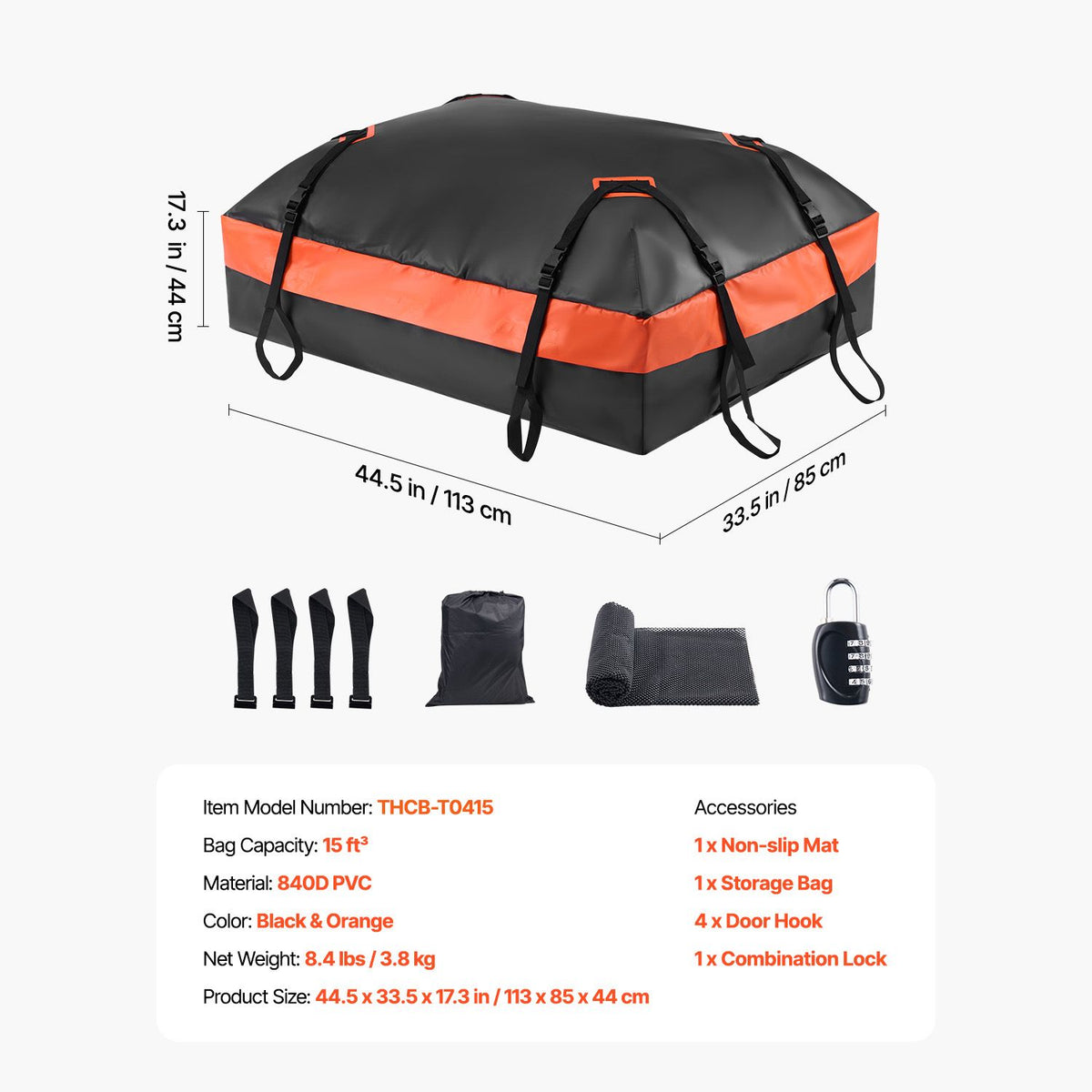 15 Cu Ft Waterproof Rooftop Cargo Carrier Bag 840D PVC Car Roof Luggage