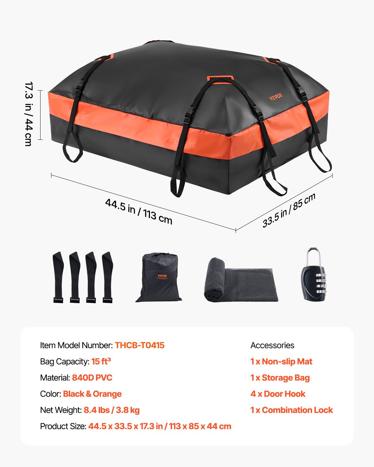 Car Rooftop Cargo Carrier Bag, 15 Cubic Feet Car Roof Cargo Carrier, 100% Waterproof Heavy Duty 840D PVC Roof Luggage Bag for All Vehicle with/without Rack- with Lock, Non-Slip Mat, 4 Door Hooks
