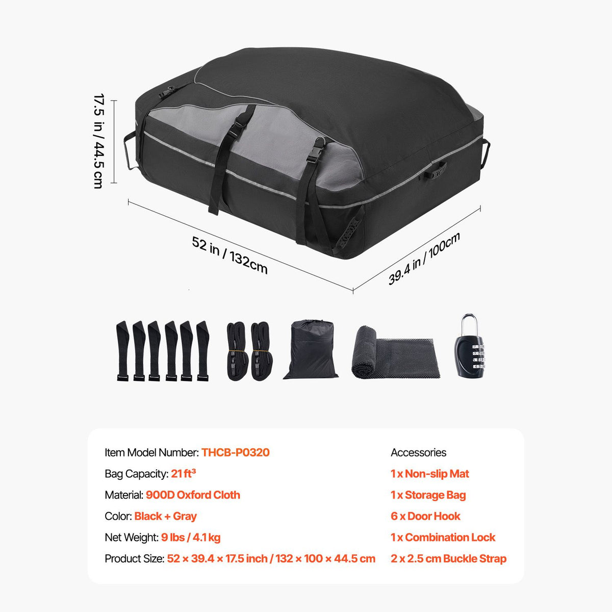21 Cu Ft Waterproof Car Rooftop Cargo Carrier Bag 900D Roof Luggage