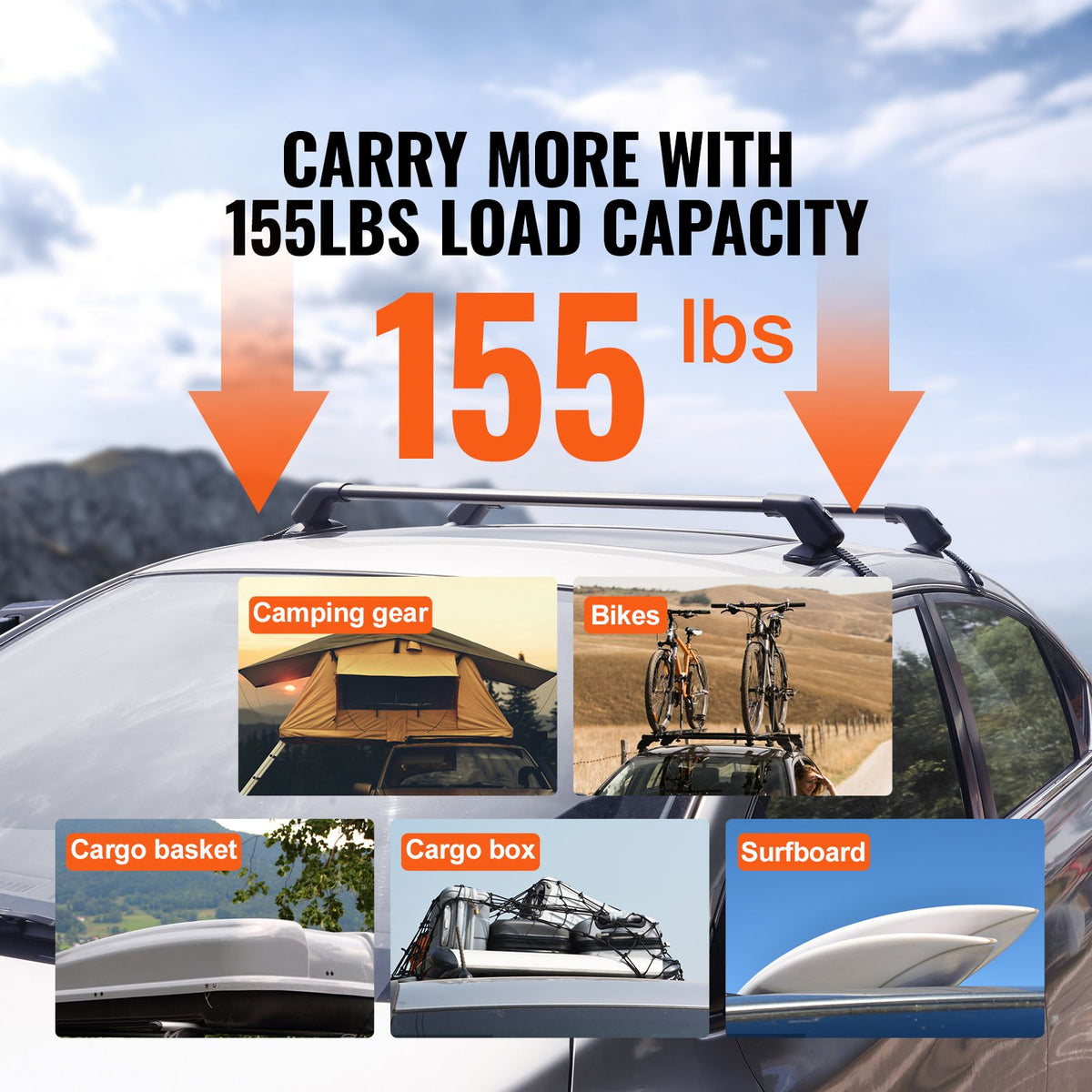 Universal Aluminium Roof Rack Crossbars for Naked Roof, Lockable, 155lb Capacity