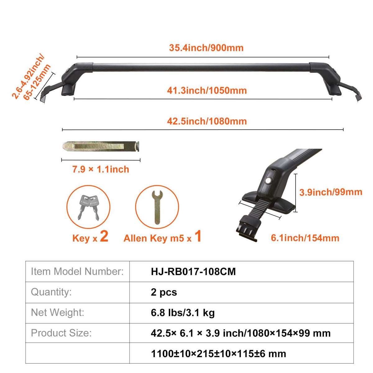 Universal Aluminium Roof Rack Crossbars for Naked Roof, Lockable, 155lb Capacity