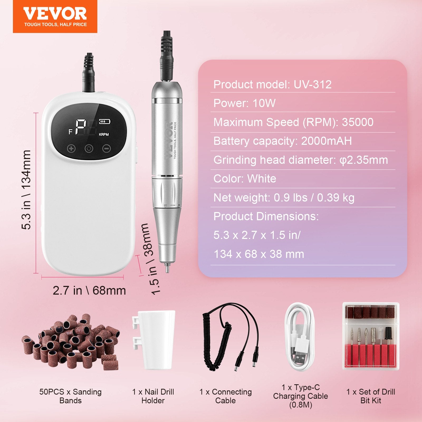 VEVOR Electric Rechargeable Nail Drill, 35,000RPM Portable Cordless Nail E File Machine, LCD-Display Acrylic Gel Grinder Tool with 6 Bits and 50PCS Sanding Bands for Manicure Pedicure Carve Polish