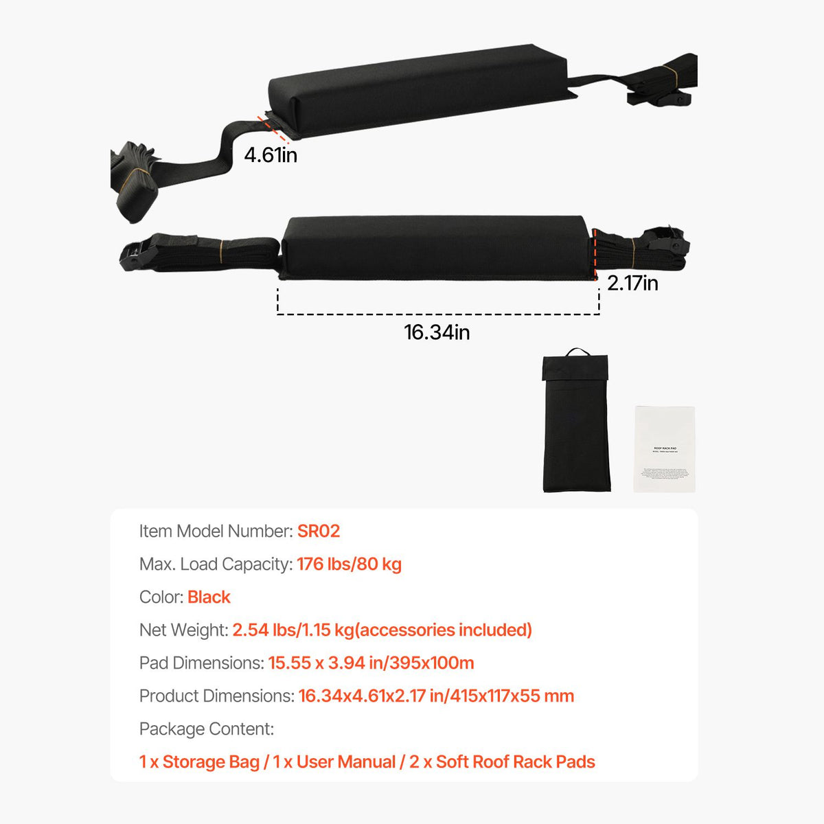 Soft Roof Rack Pads 15.5 Inch 176lbs Load Capacity Kayak Canoe Surfboard
