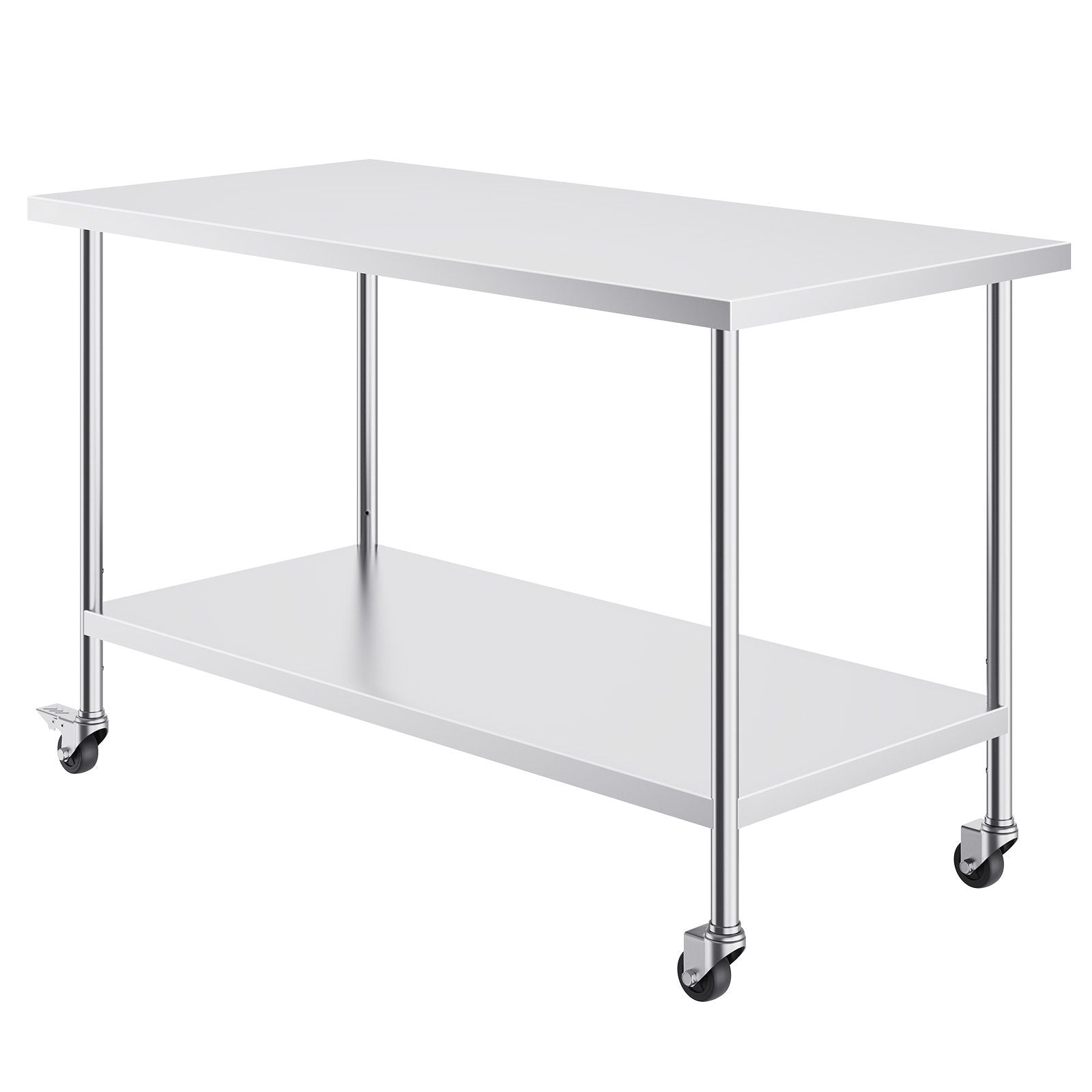 Stainless Steel Work Table 30 x 60 x 38 Inch, with 4 Wheels, 3 Adjustable Height Levels, Heavy Duty Food Prep Worktable for Commercial Kitchen Restaurant, Silver