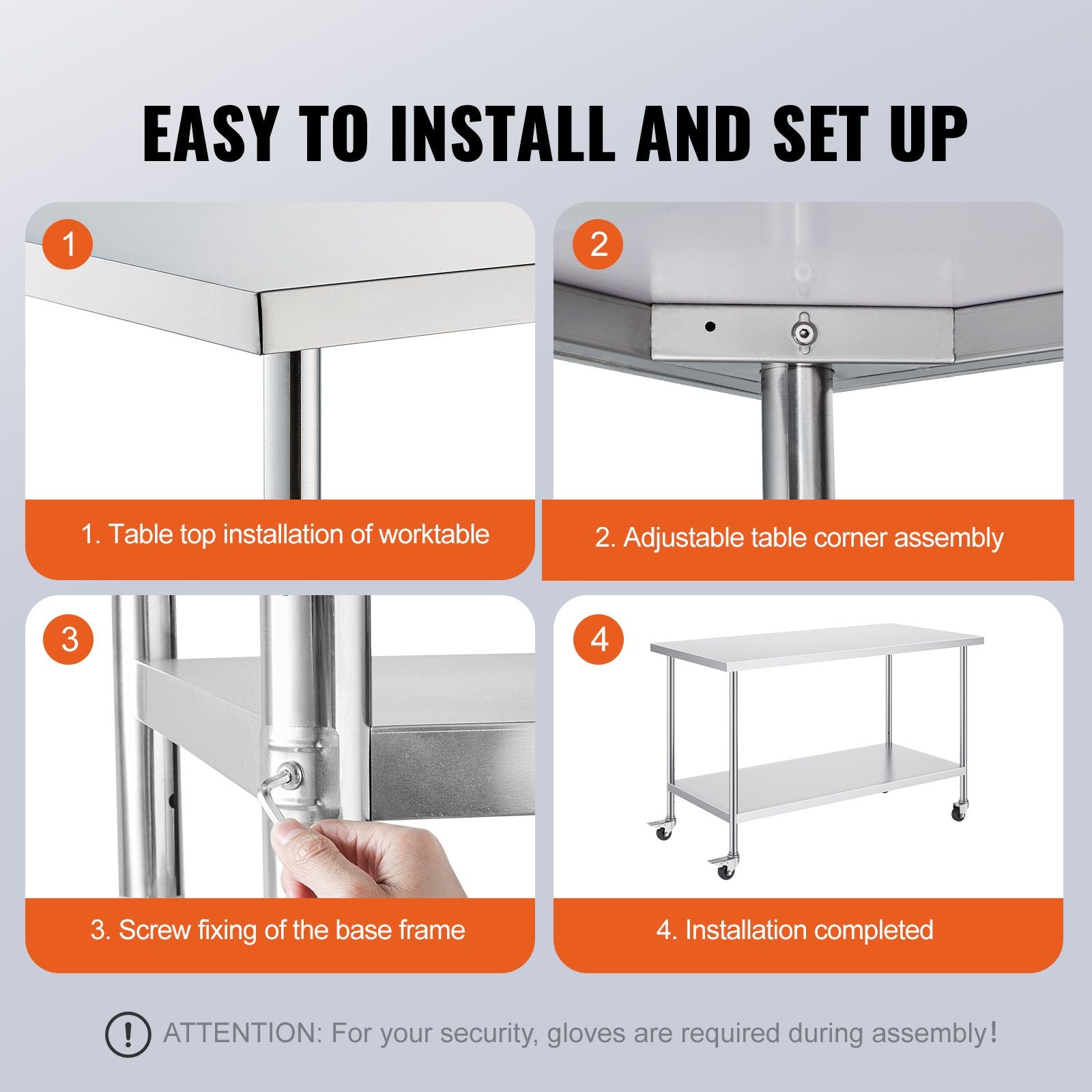 Stainless Steel Work Table 30 x 60 x 38 Inch, with 4 Wheels, 3 Adjustable Height Levels, Heavy Duty Food Prep Worktable for Commercial Kitchen Restaurant, Silver
