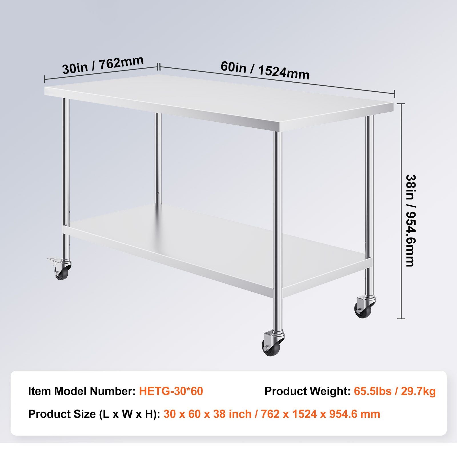 Stainless Steel Work Table 30 x 60 x 38 Inch, with 4 Wheels, 3 Adjustable Height Levels, Heavy Duty Food Prep Worktable for Commercial Kitchen Restaurant, Silver