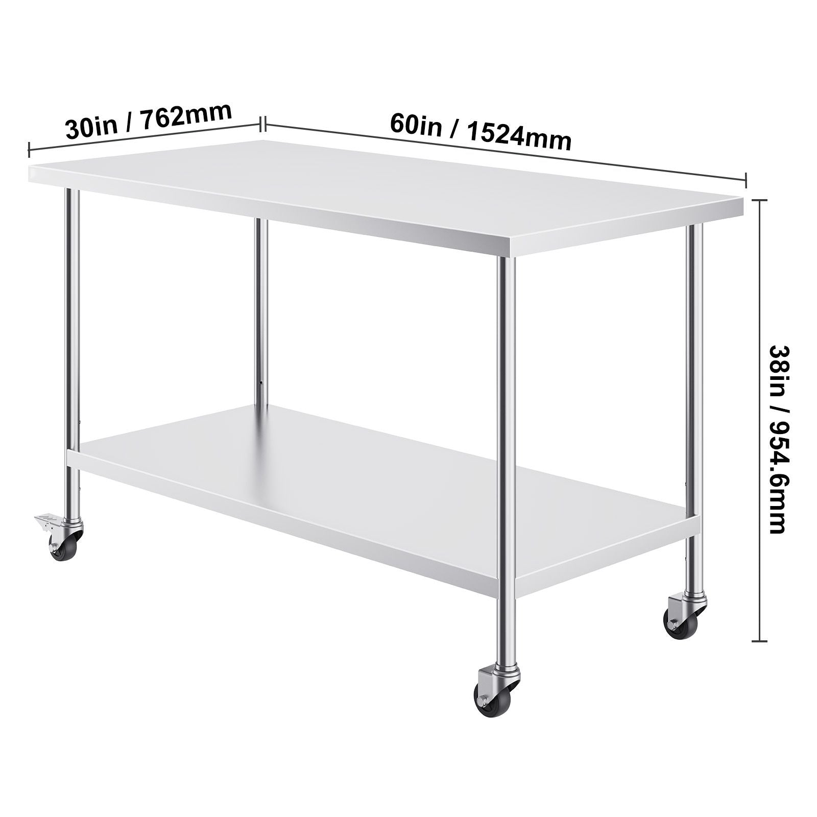 Stainless Steel Work Table 30 x 60 x 38 Inch, with 4 Wheels, 3 Adjustable Height Levels, Heavy Duty Food Prep Worktable for Commercial Kitchen Restaurant, Silver