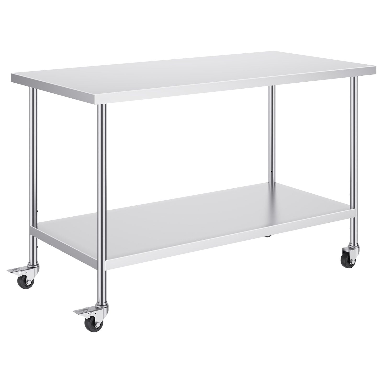 Stainless Steel Work Table 30 x 60 x 38 Inch, with 4 Wheels, 3 Adjustable Height Levels, Heavy Duty Food Prep Worktable for Commercial Kitchen Restaurant, Silver