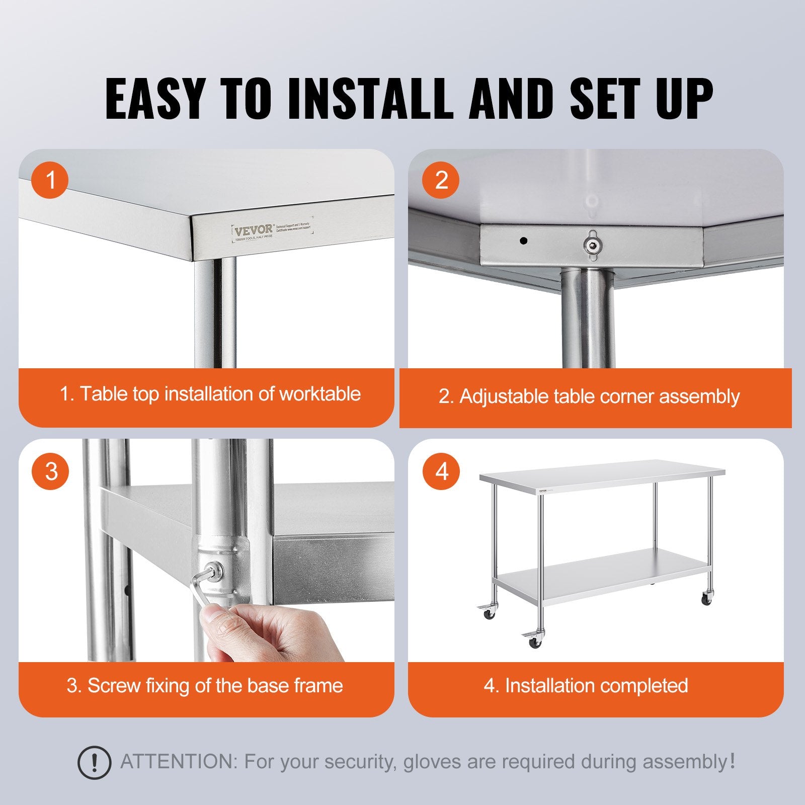 Stainless Steel Work Table 30 x 60 x 38 Inch, with 4 Wheels, 3 Adjustable Height Levels, Heavy Duty Food Prep Worktable for Commercial Kitchen Restaurant, Silver