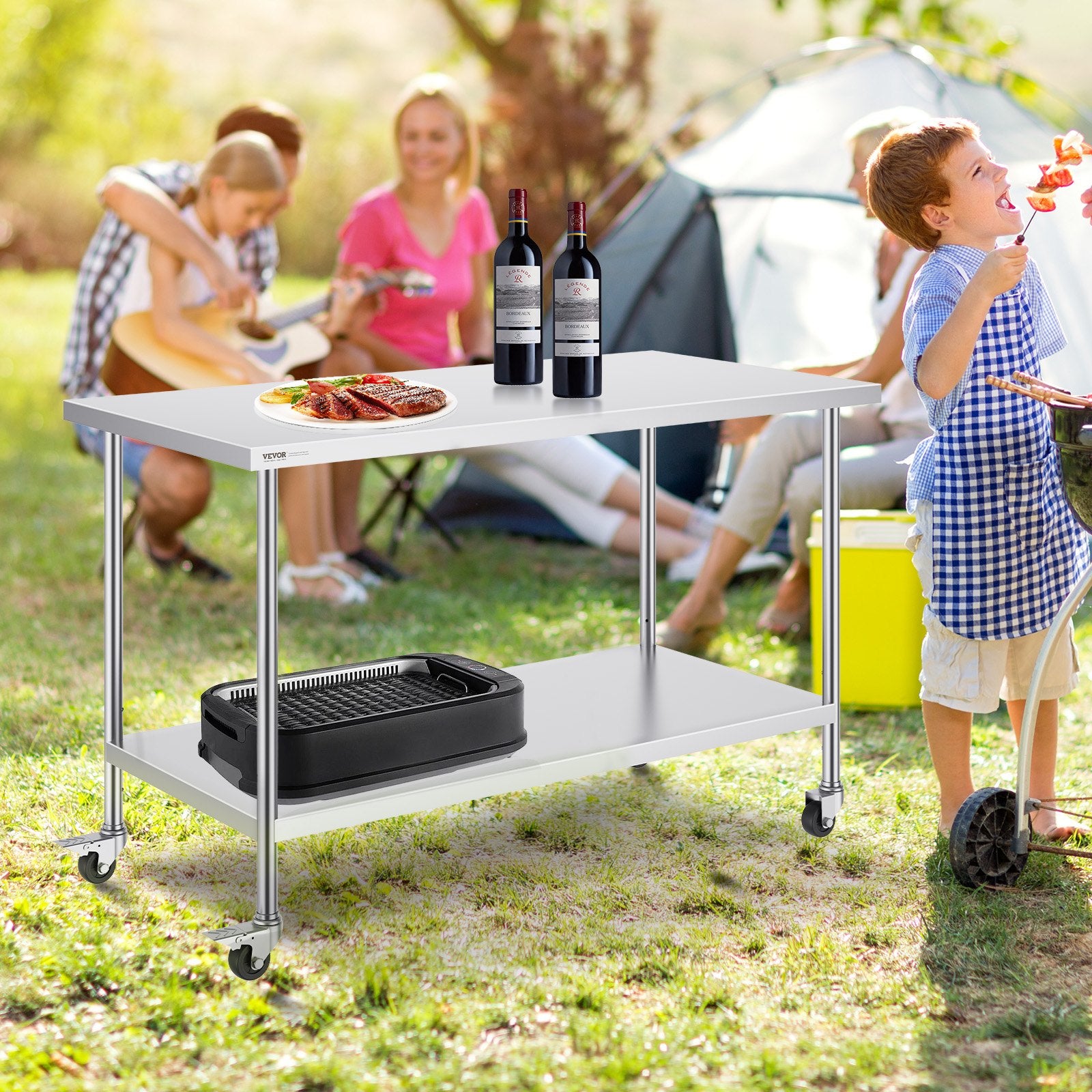 Stainless Steel Work Table 30 x 60 x 38 Inch, with 4 Wheels, 3 Adjustable Height Levels, Heavy Duty Food Prep Worktable for Commercial Kitchen Restaurant, Silver