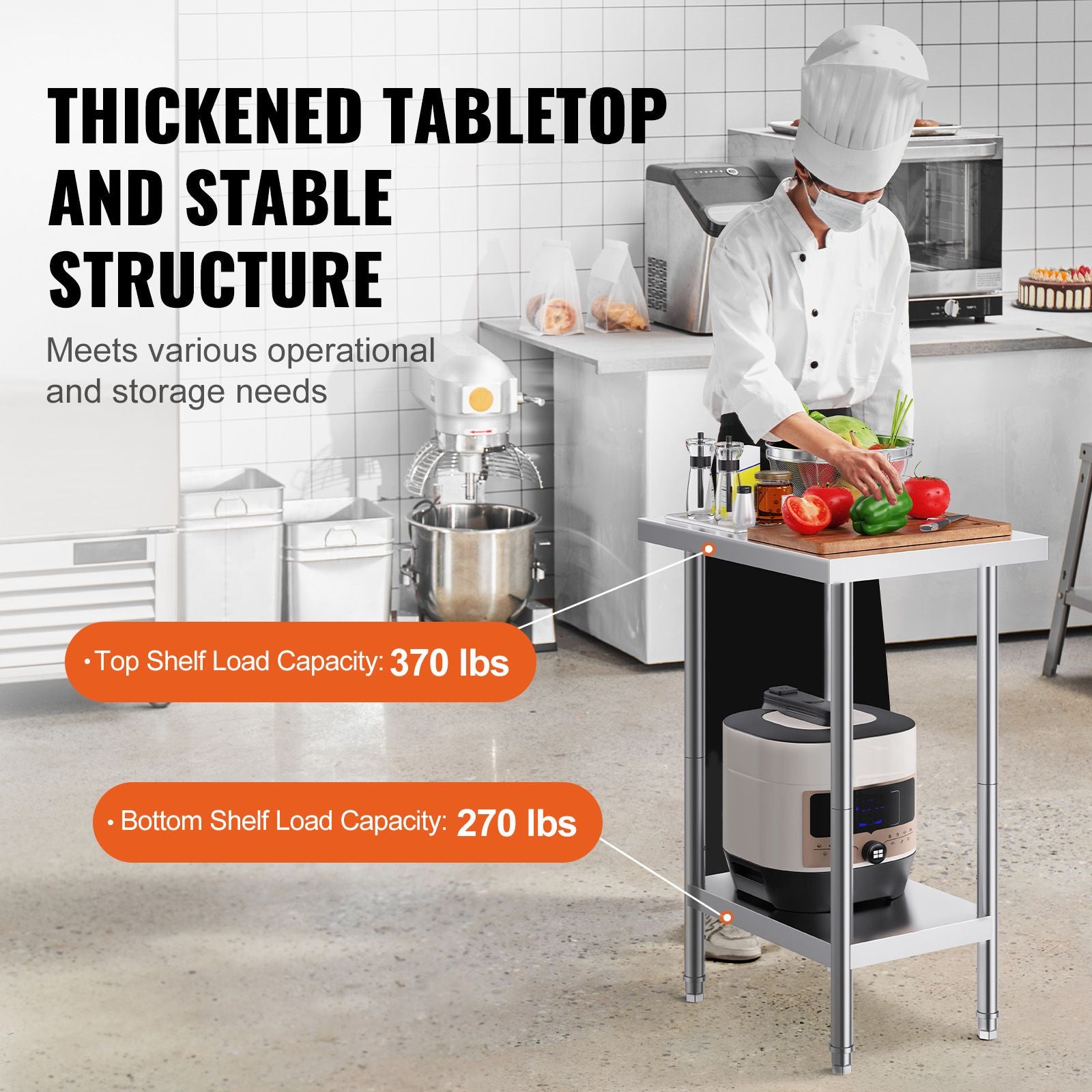 Stainless Steel Prep Table, 24 x 18 x 34 Inch, Heavy Duty Metal Worktable with 3 Adjustable Height Levels, Commercial Workstation for Kitchen Garage Restaurant Backyard