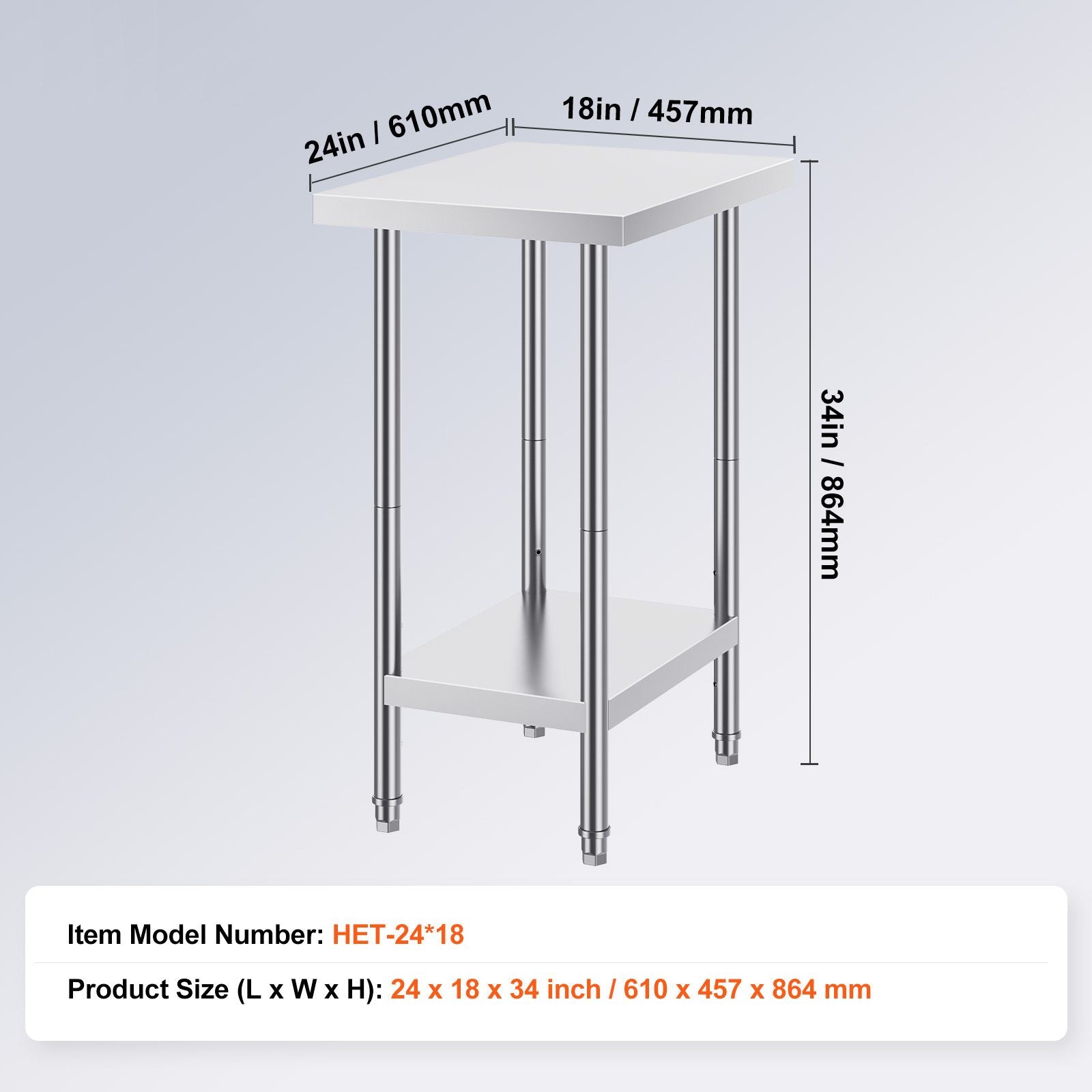 Stainless Steel Prep Table, 24 x 18 x 34 Inch, Heavy Duty Metal Worktable with 3 Adjustable Height Levels, Commercial Workstation for Kitchen Garage Restaurant Backyard