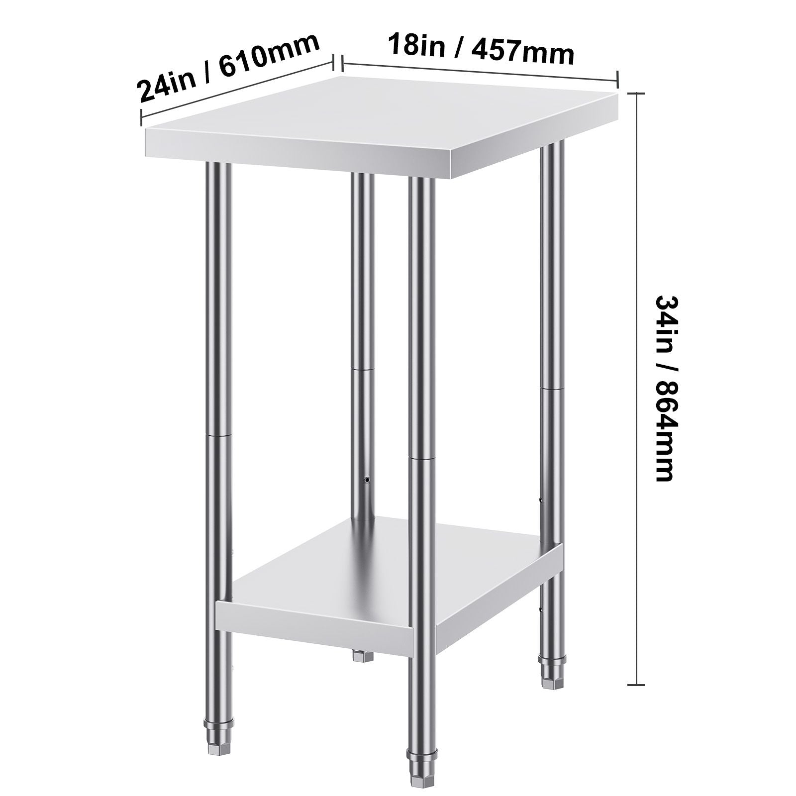 Stainless Steel Prep Table, 24 x 18 x 34 Inch, Heavy Duty Metal Worktable with 3 Adjustable Height Levels, Commercial Workstation for Kitchen Garage Restaurant Backyard