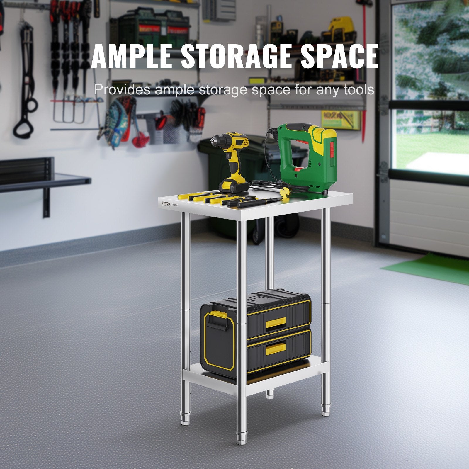 Stainless Steel Prep Table, 24 x 18 x 34 Inch, Heavy Duty Metal Worktable with 3 Adjustable Height Levels, Commercial Workstation for Kitchen Garage Restaurant Backyard