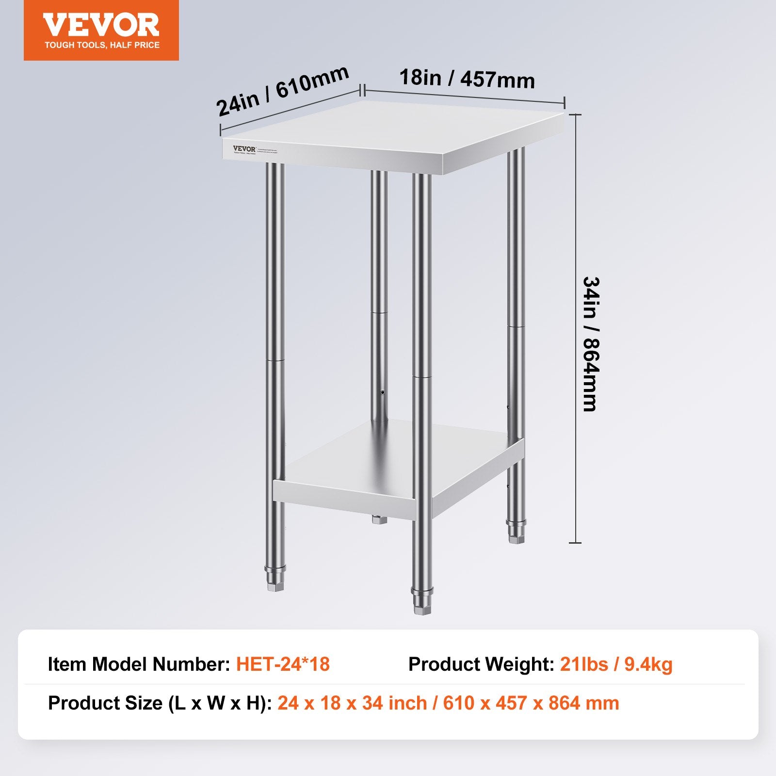 Stainless Steel Prep Table, 24 x 18 x 34 Inch, Heavy Duty Metal Worktable with 3 Adjustable Height Levels, Commercial Workstation for Kitchen Garage Restaurant Backyard