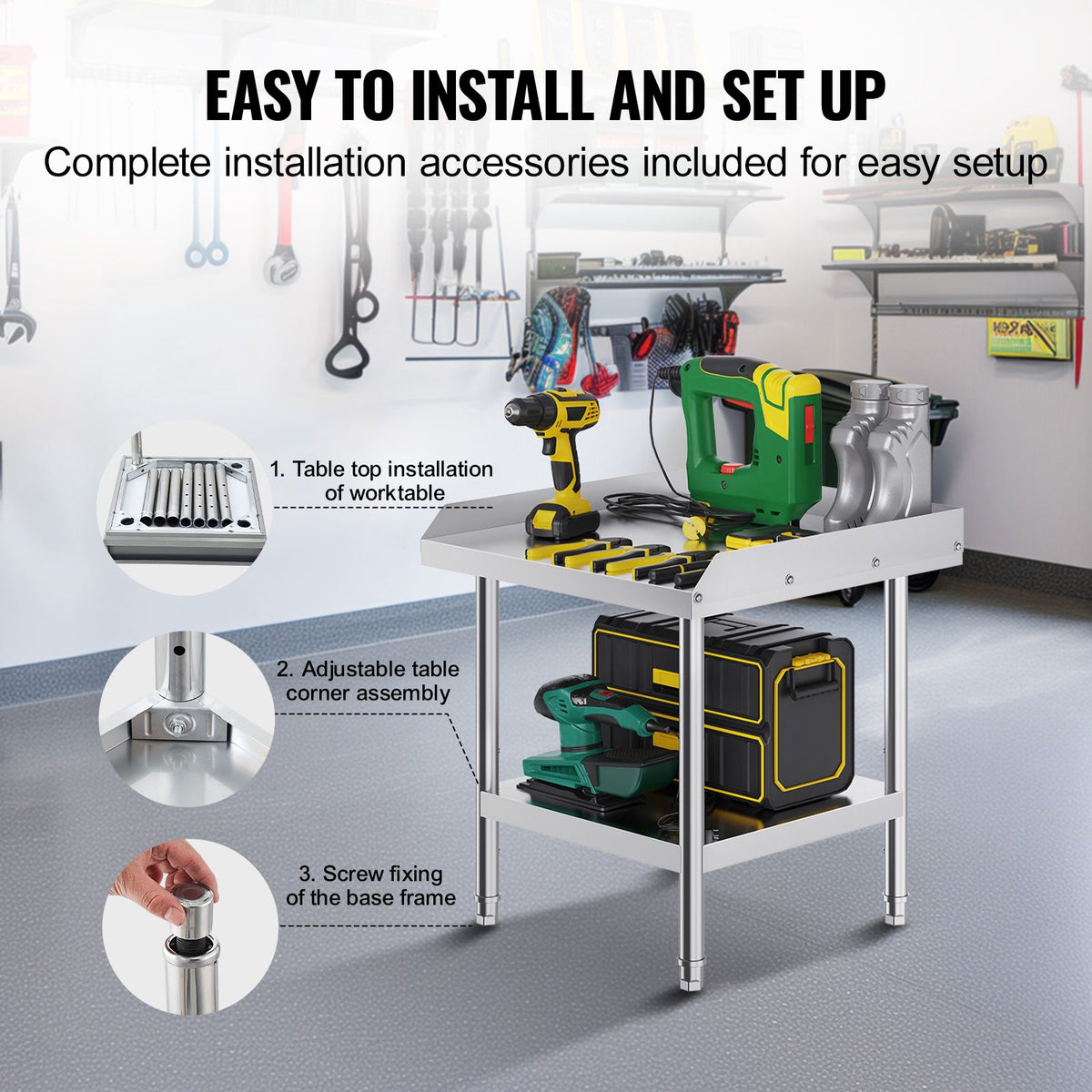 Stainless Steel Work Table, 24 x 24 x 26 Inch Commercial Food Prep Worktable, 3-Sided Backsplash Heavy Duty Prep Worktable, Metal Work Table with Adjustable Height for Restaurant Home Hotel