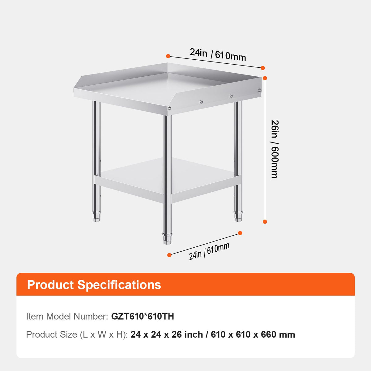 Stainless Steel Work Table, 24 x 24 x 26 Inch Commercial Food Prep Worktable, 3-Sided Backsplash Heavy Duty Prep Worktable, Metal Work Table with Adjustable Height for Restaurant Home Hotel