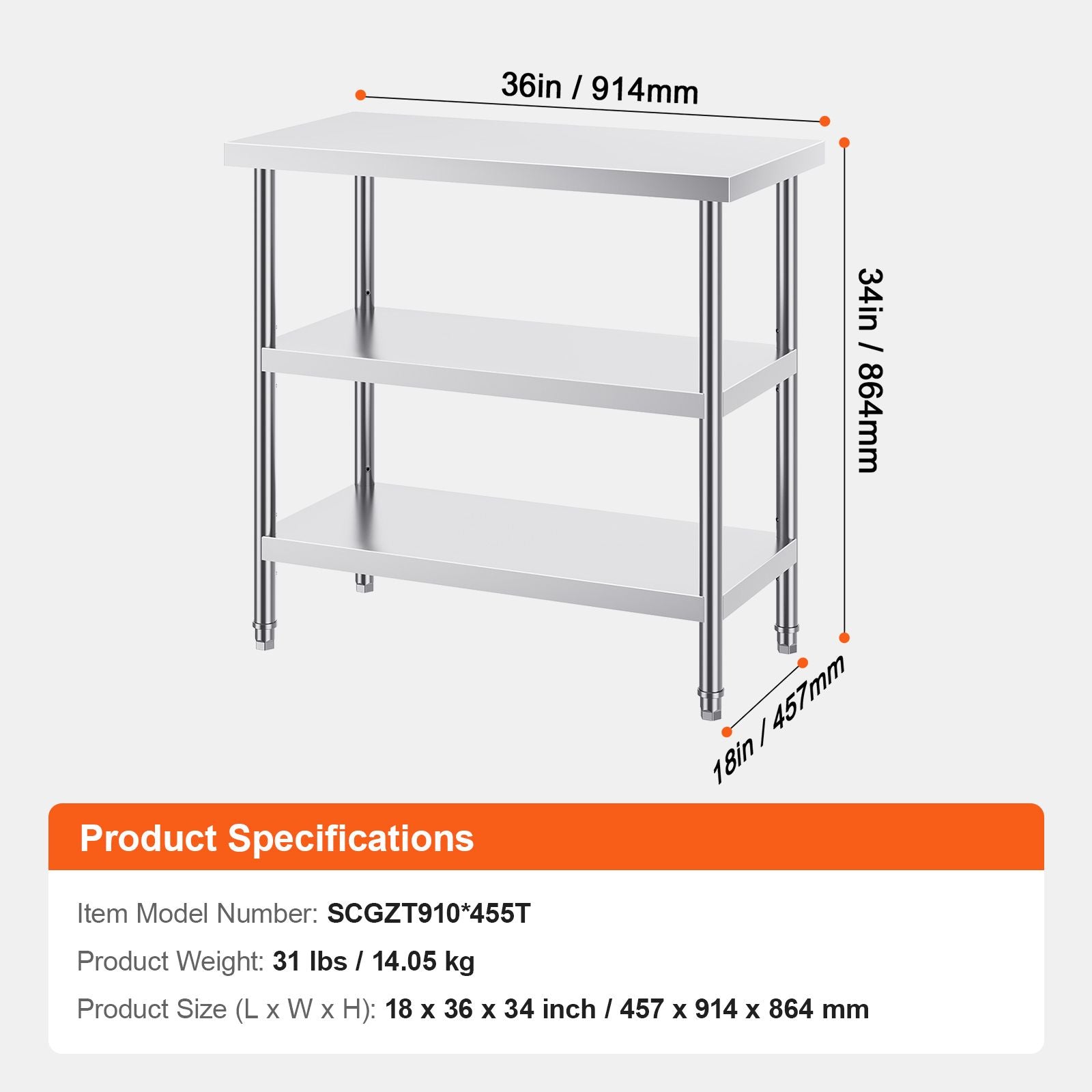 Stainless Steel Food Prep Table, 18 x 36 x 34 Inch Commercial Kitchen Worktable, with 2 Adjustable Undershelf, Heavy Duty Prep Table Metal Work Table for BBQ, Kitchen, Home, and Garage
